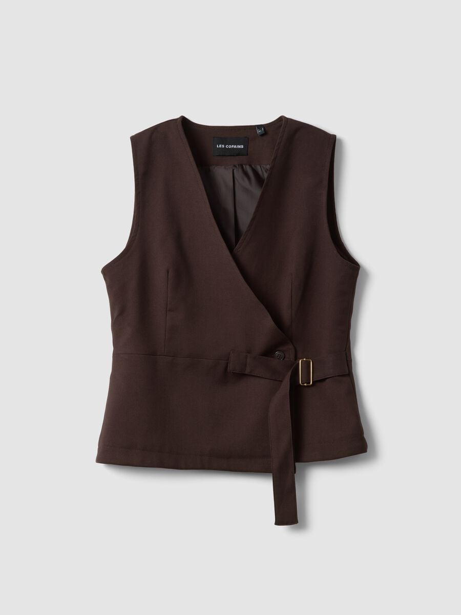 Gilet marrone in viscosa elasticizzata con cintura_0