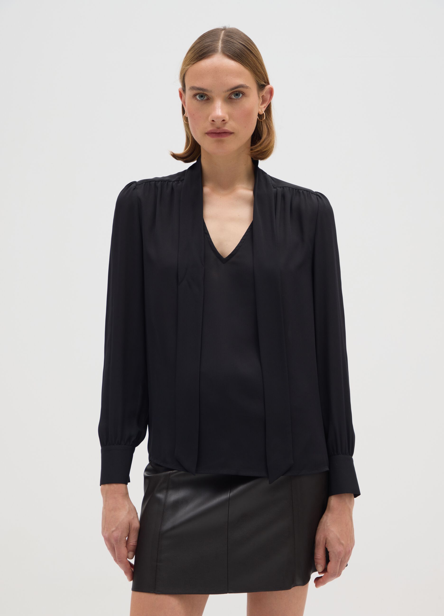 Black Long Sleeve Crepe Shirt