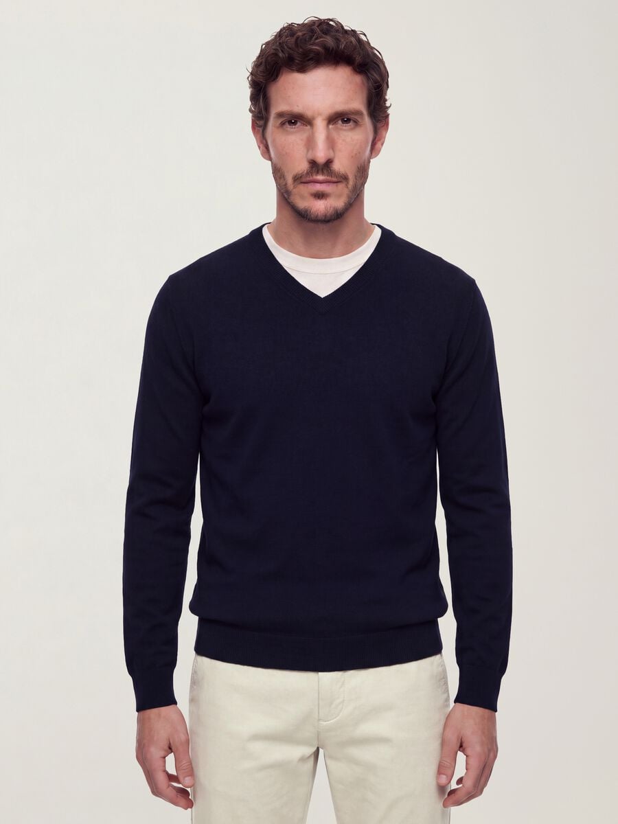 Blue viscose-blend V-neck jumper, regular fit_1
