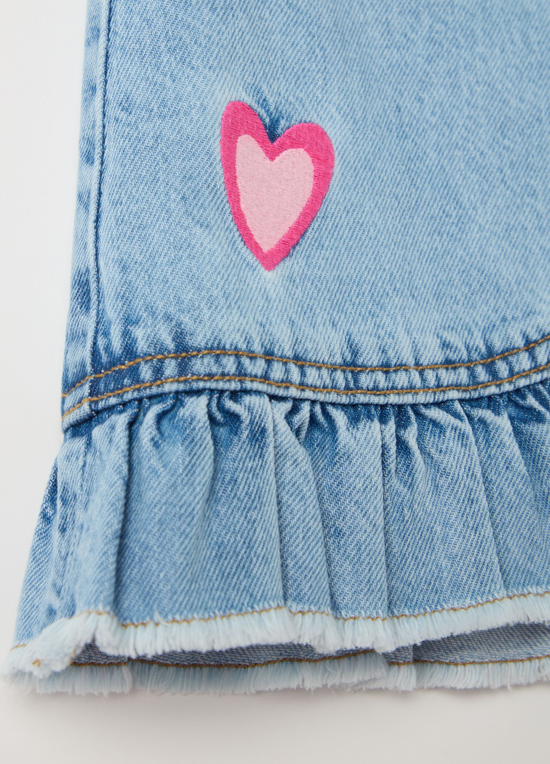 Denim skirt with frills and heart embroidery