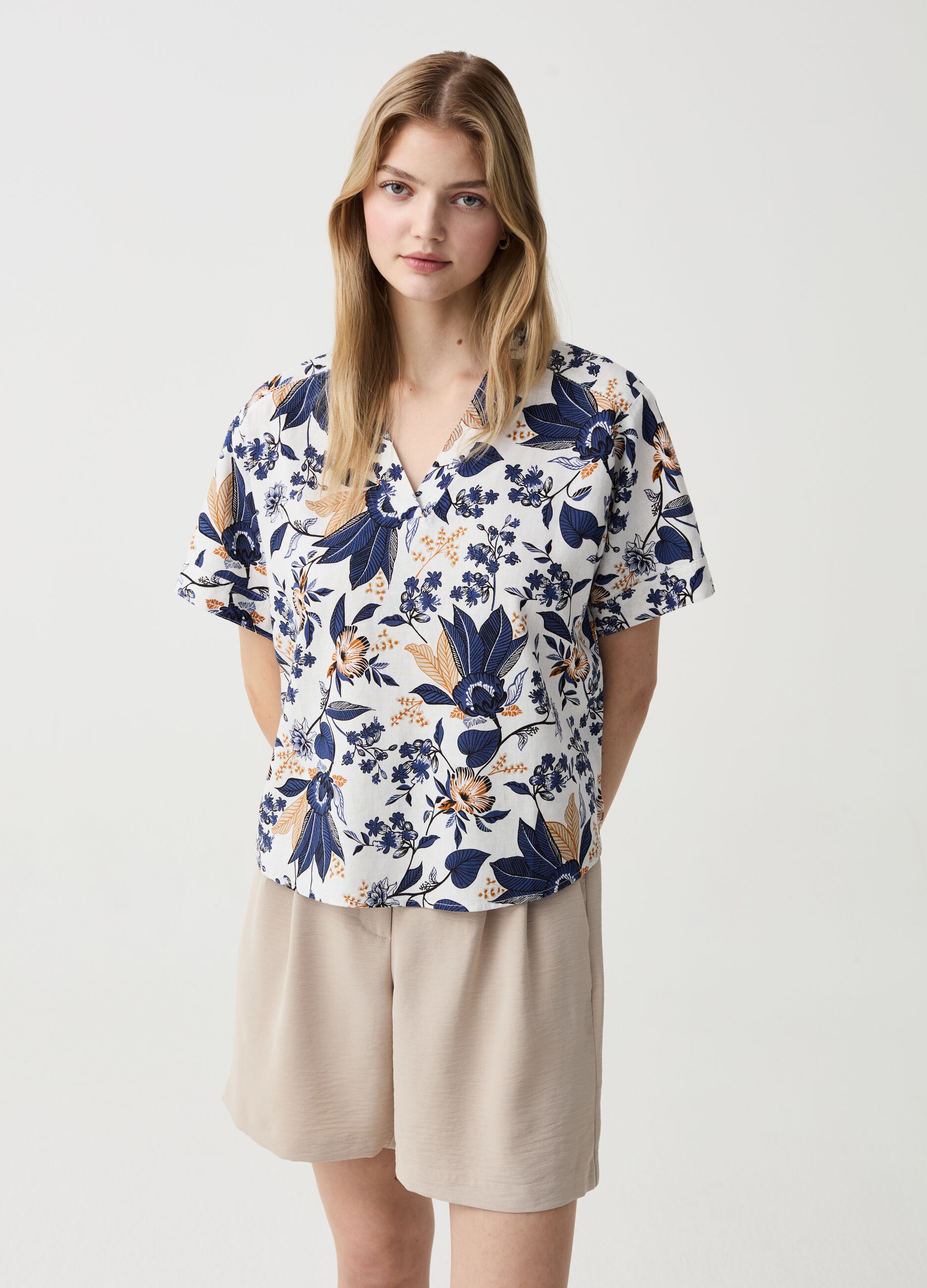 Ovs Blusa in lino e viscosa con scollo a V