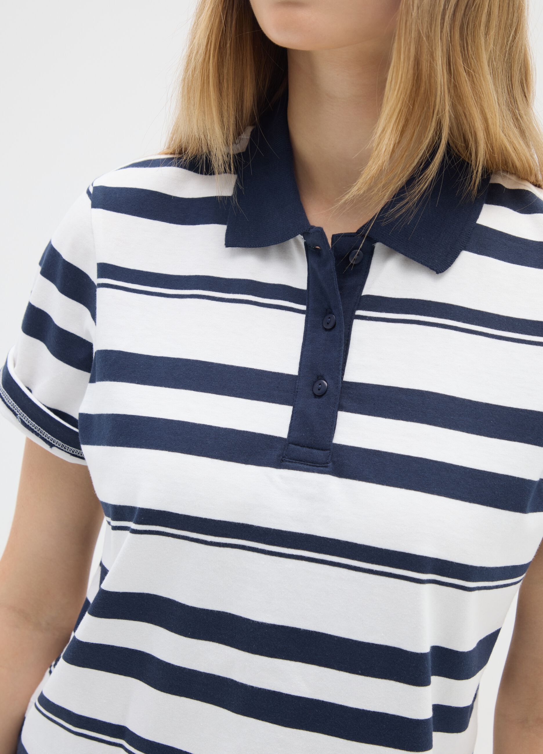 White and blue striped cotton polo shirt