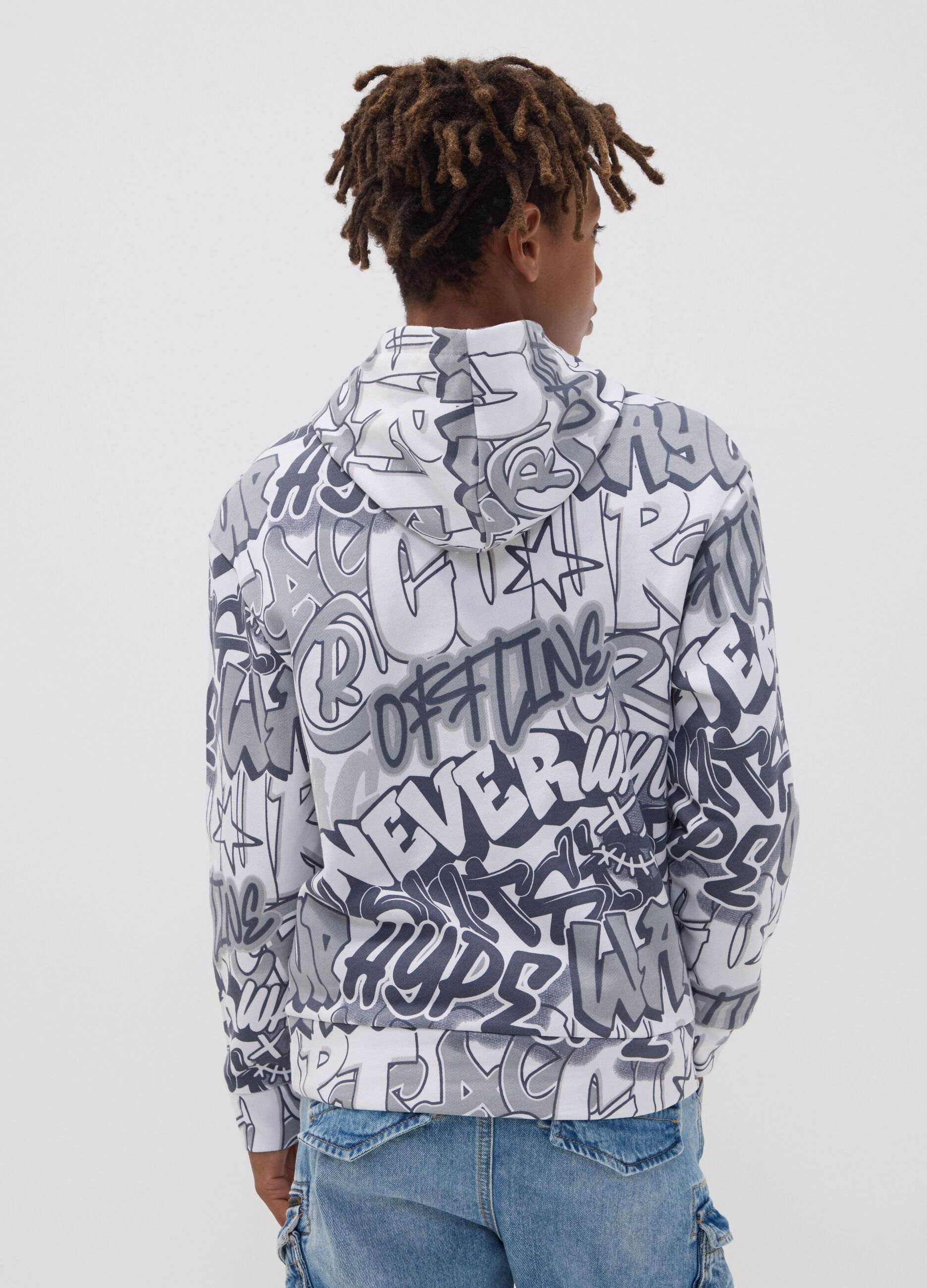 White cotton-blend hoodie with all-over graffiti print for boys