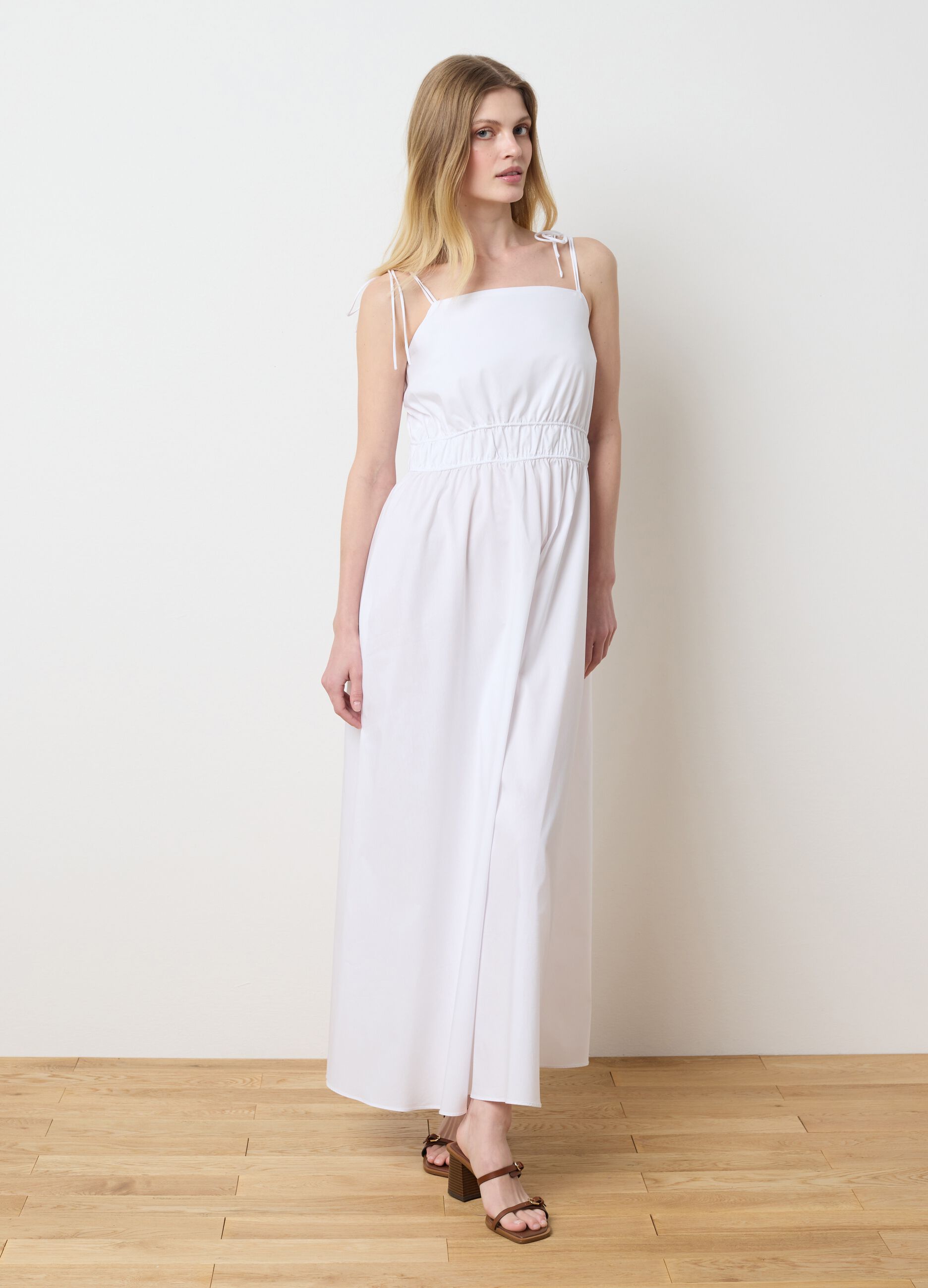 Women's long white cotton blend dress with regular fit and details