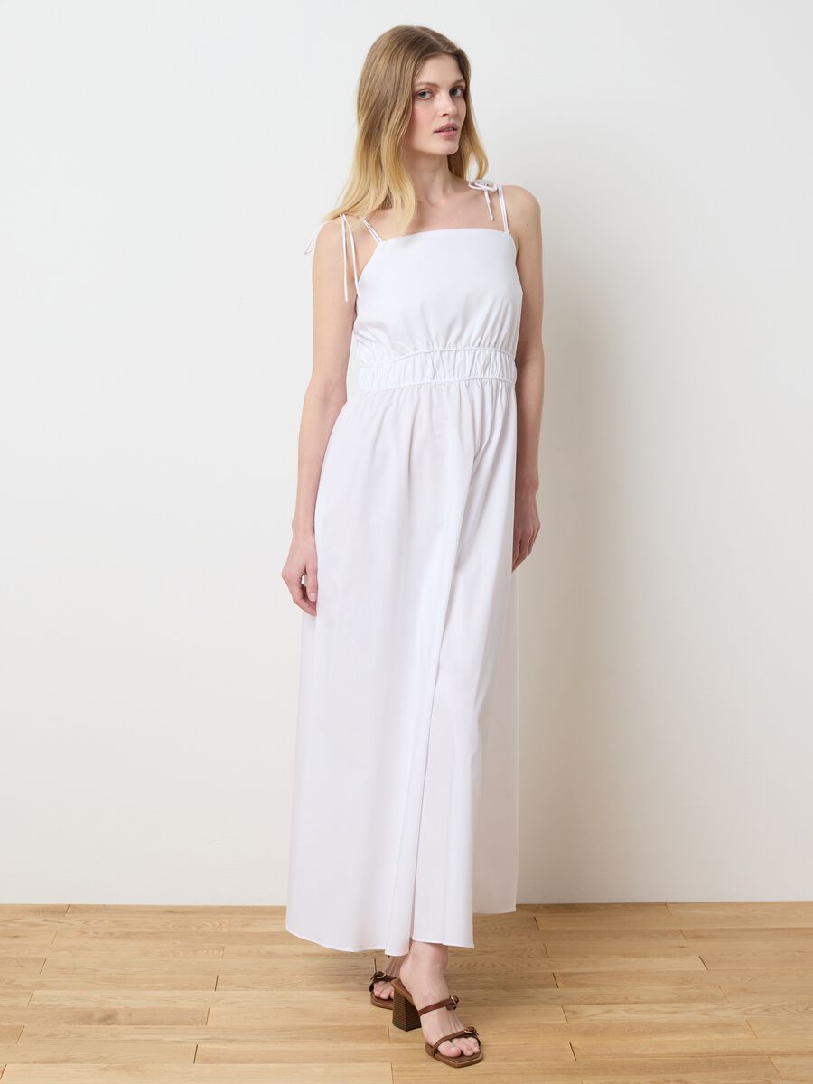 Women's long white cotton blend dress with regular fit and details_0