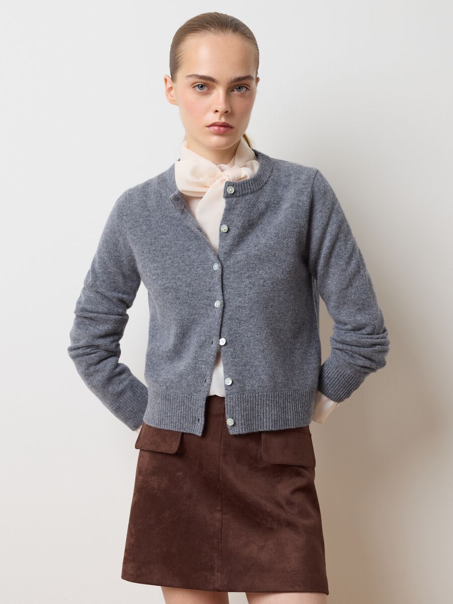 Grey crew neck cardigan in pure wool regular fit_1