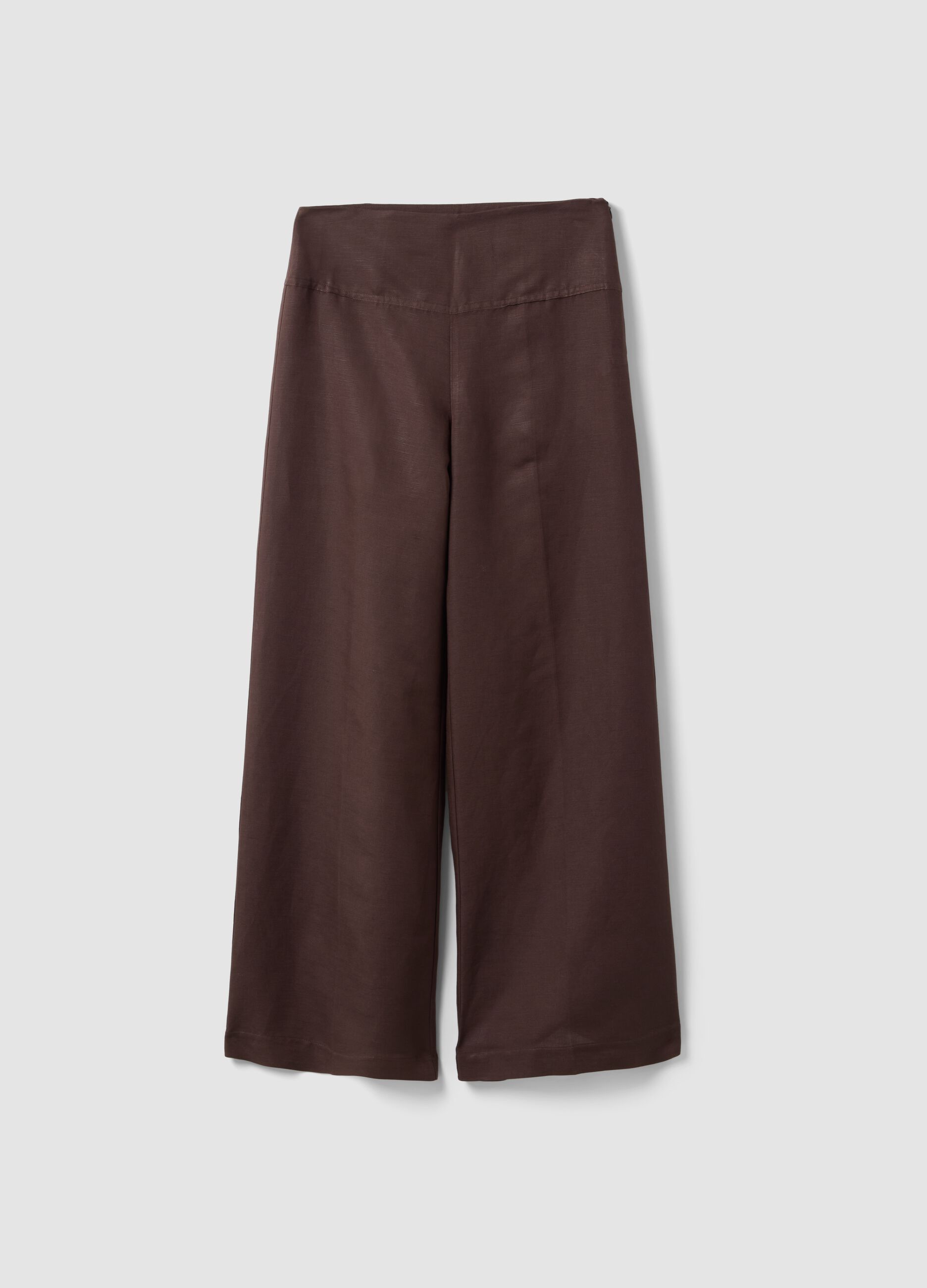 Brown linen-viscose blend wide-leg trousers with side zip fastening