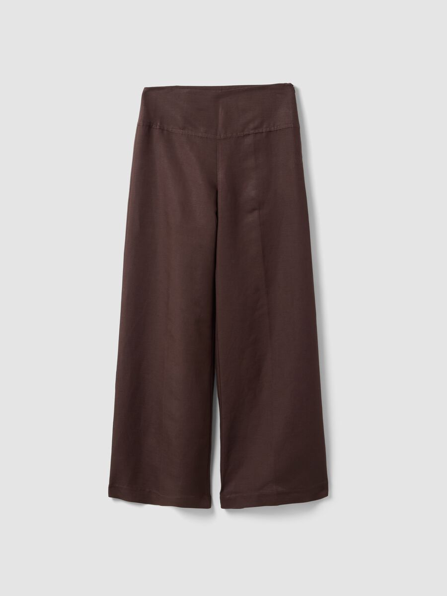 Brown linen-viscose blend wide-leg trousers with side zip fastening_0