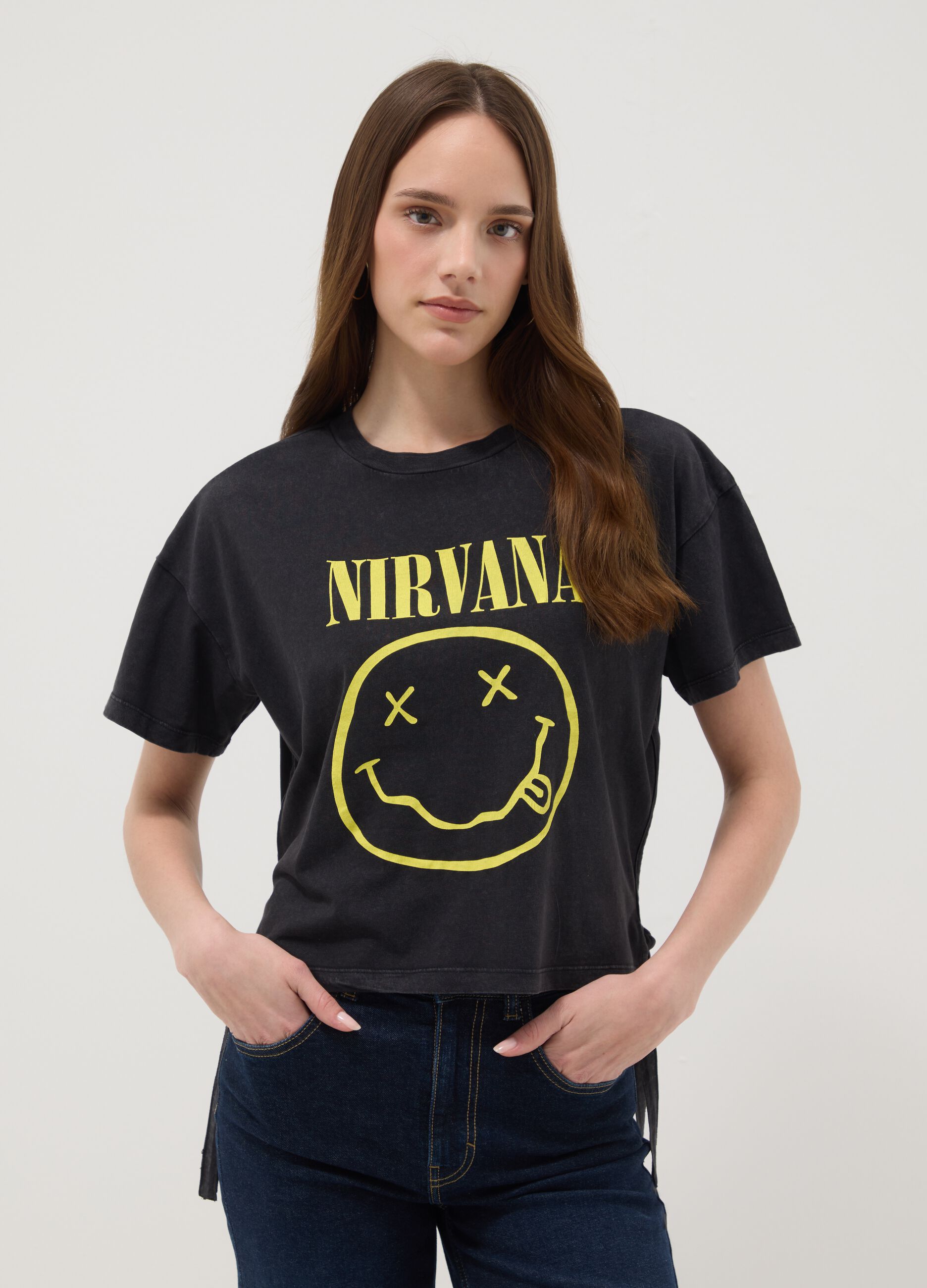 Black pure cotton Nirvana print T-shirt, regular fit