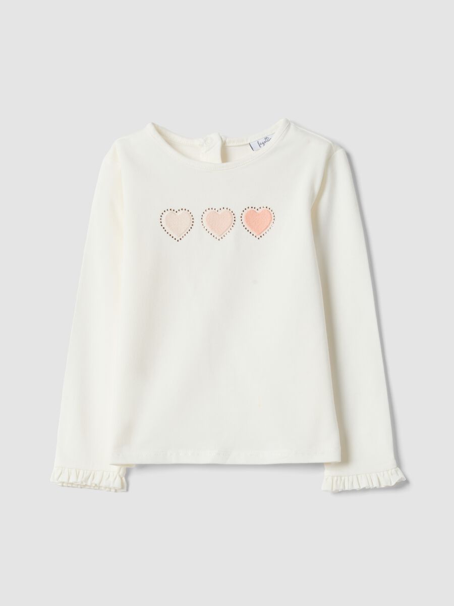 White Stretch Cotton T-Shirt for Girls Regular Fit with Hearts_0