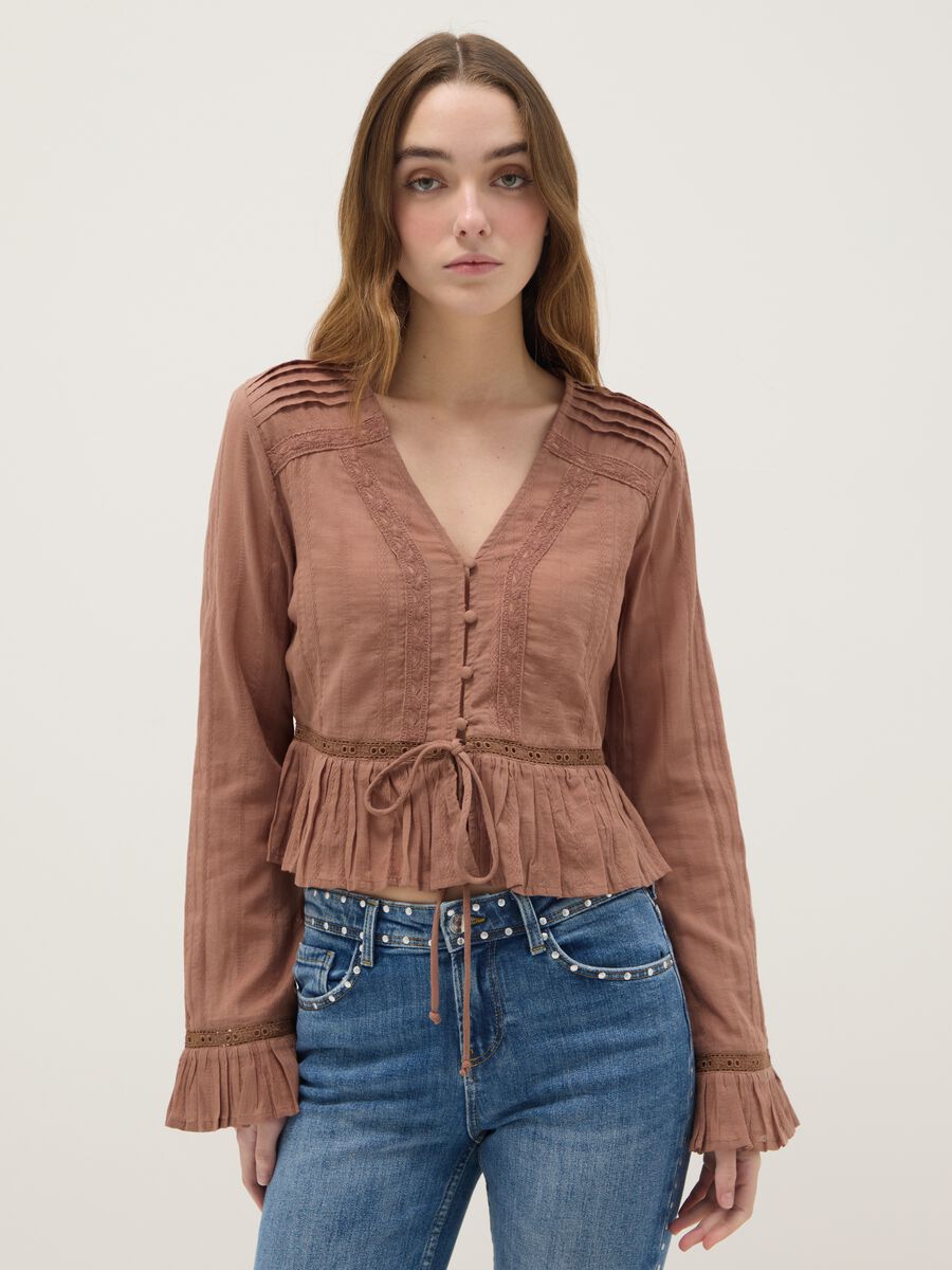 Brown pure cotton regular fit shirt with ruffles_1