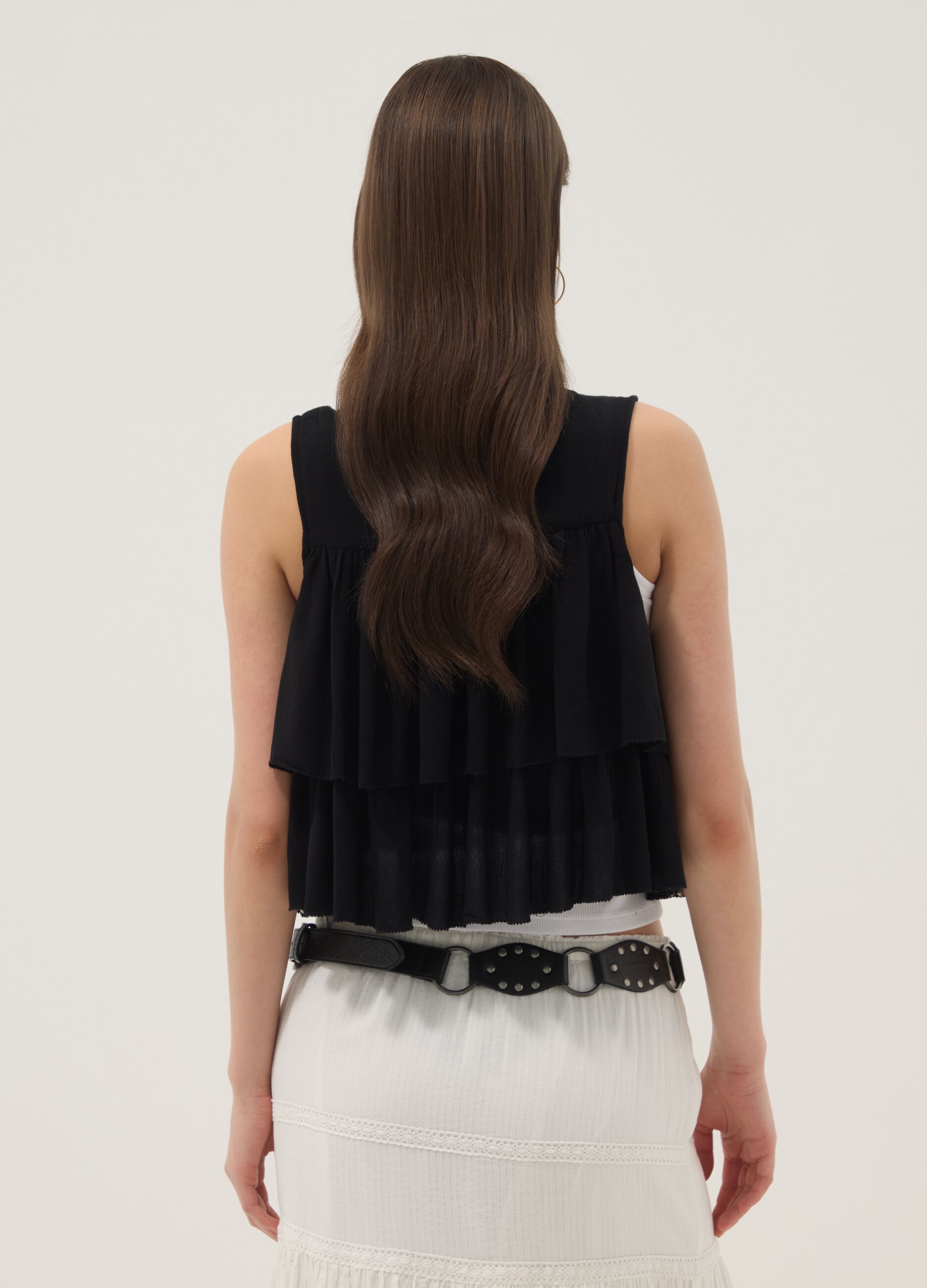 Black pure viscose gilet with ruffles