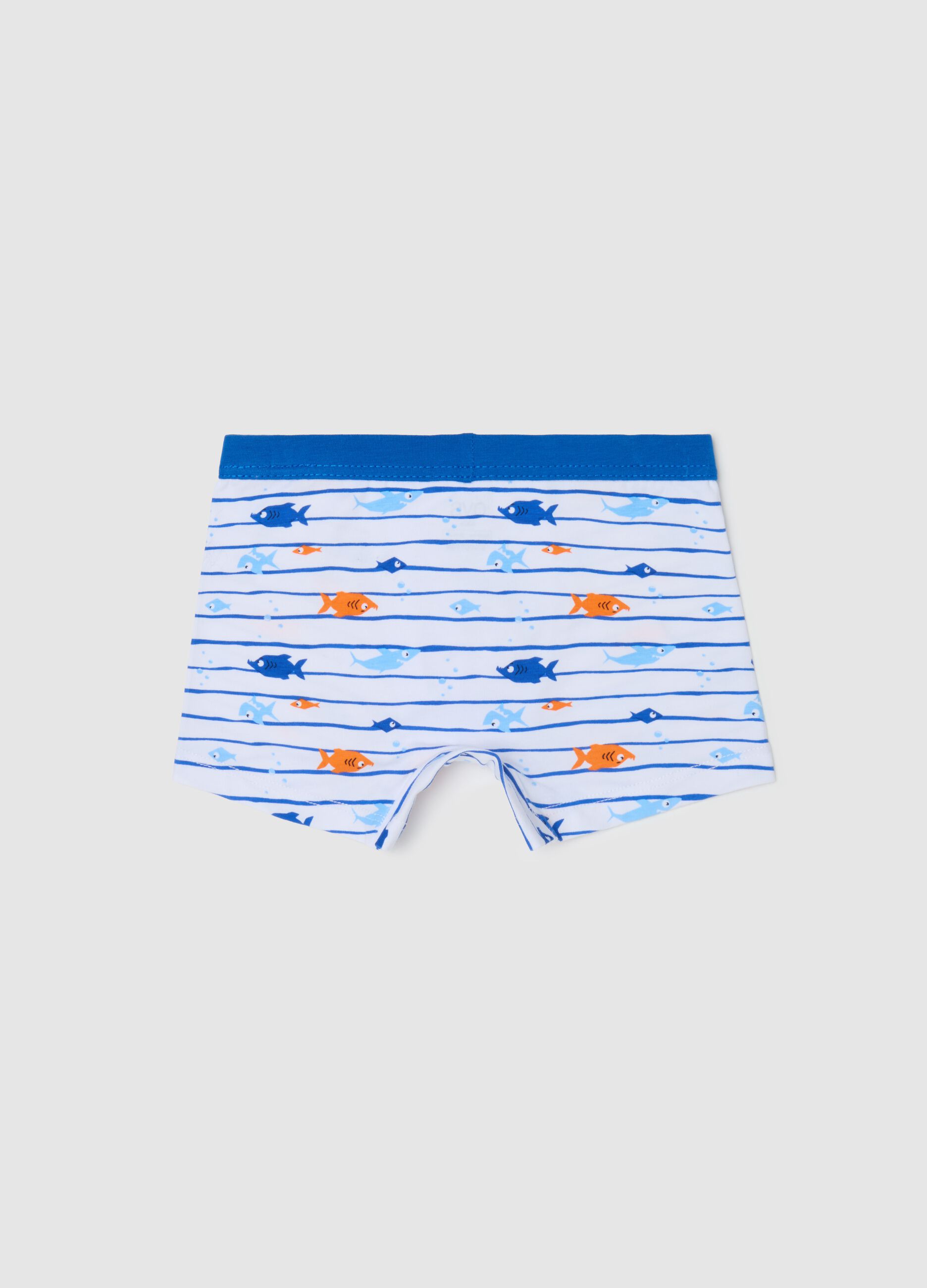 Boxer in cotone stretch a righe con stampa pesciolini 