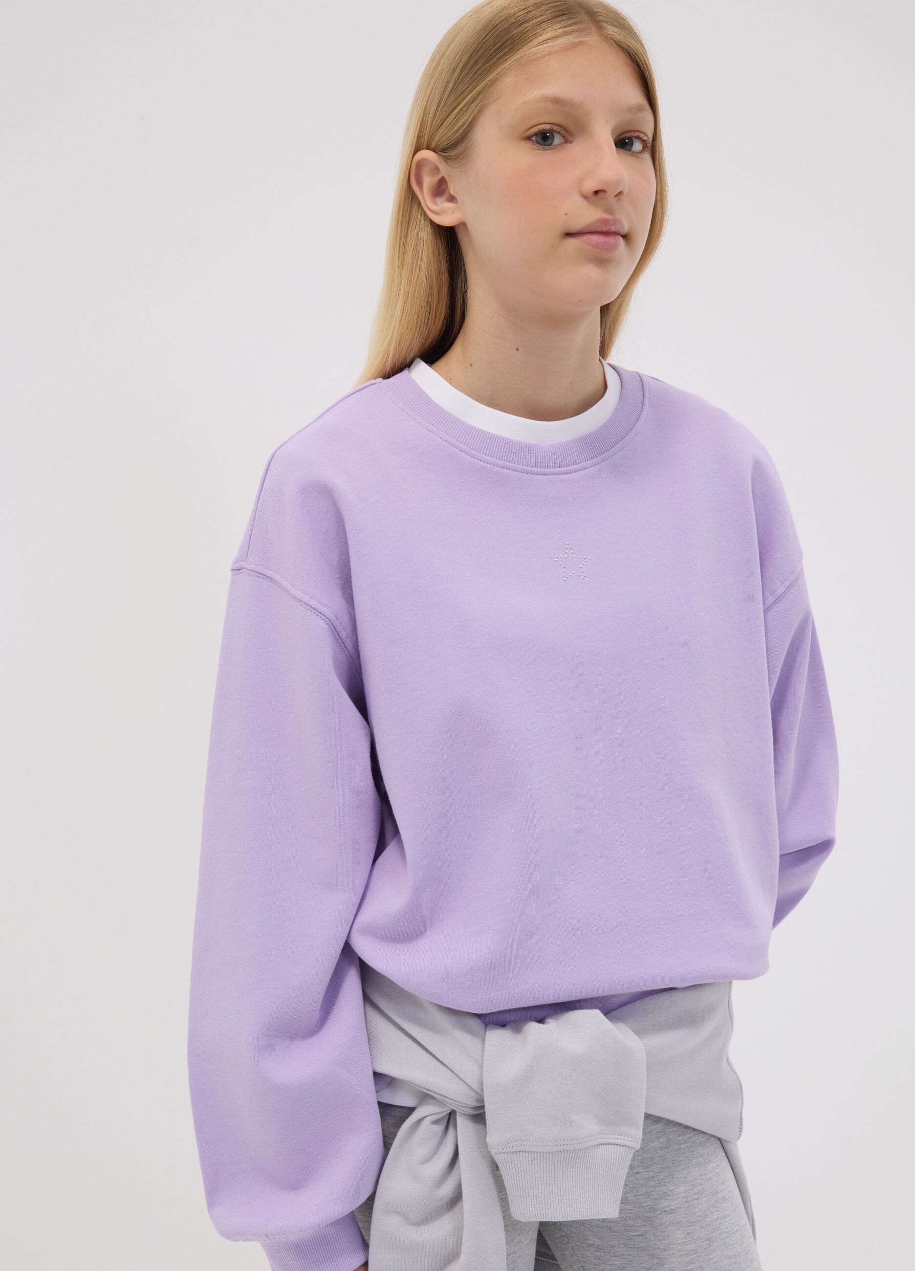 Purple pure cotton sweatshirt with star for girls, relaxed fit