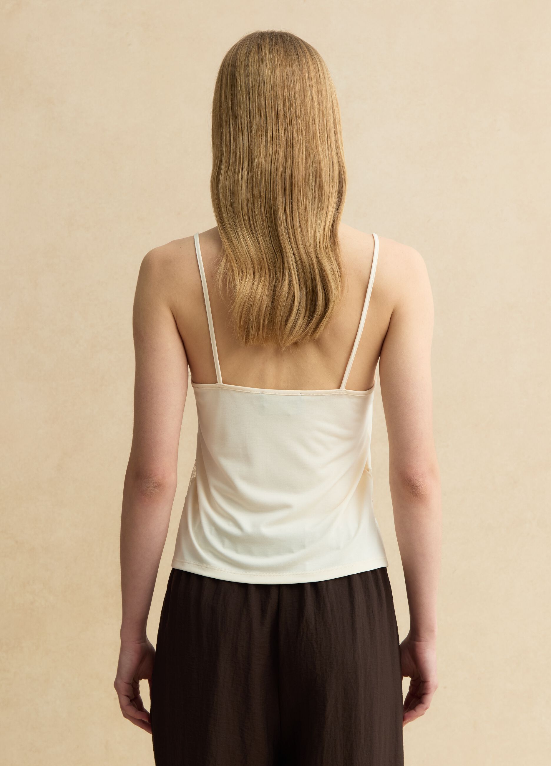 Tank top in misto viscosa beige regular fit con dettagli trasparenti