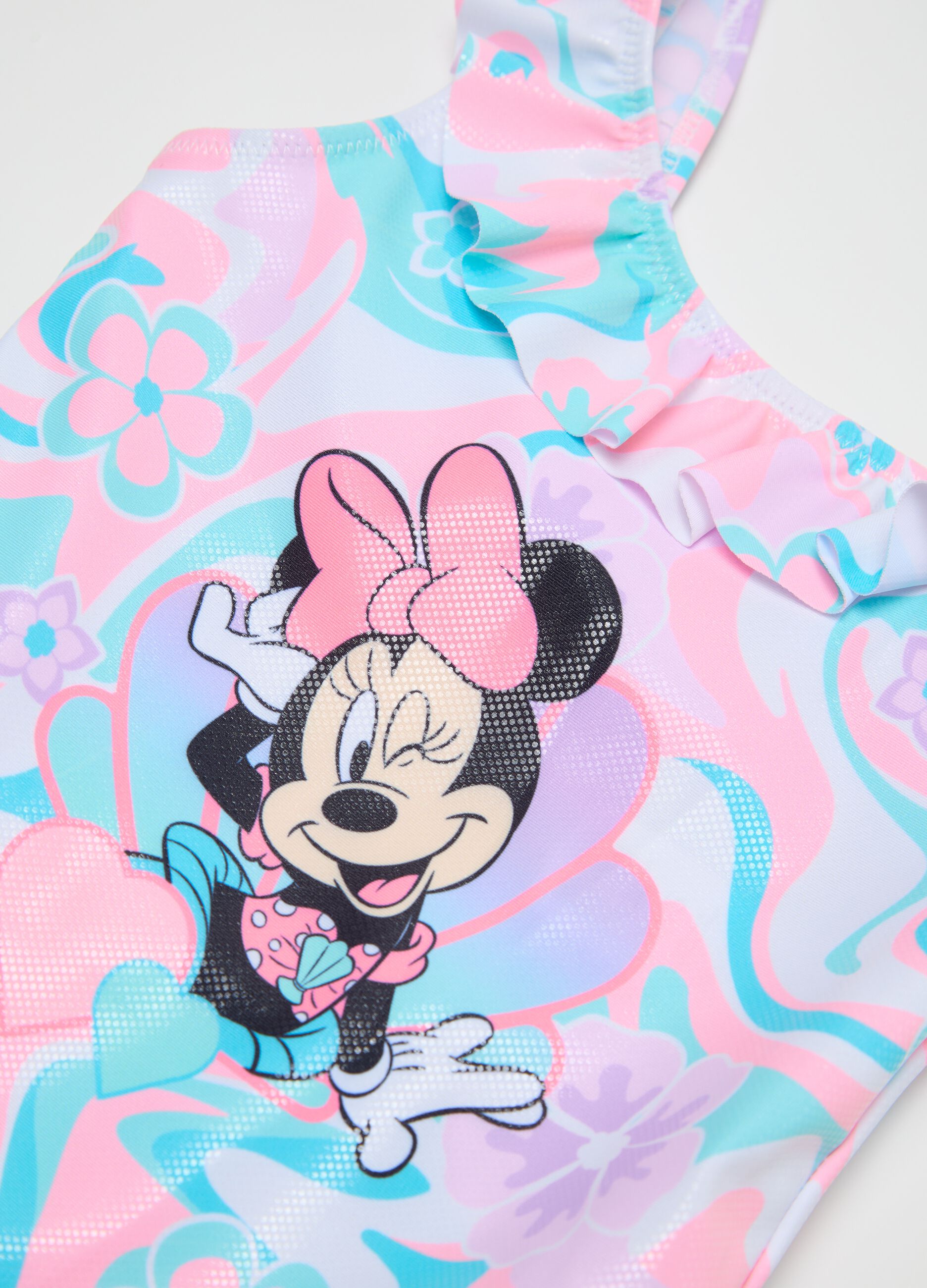 Girls’ one-piece swimsuit in multicoloured stretch fabric with Minnie Mouse print