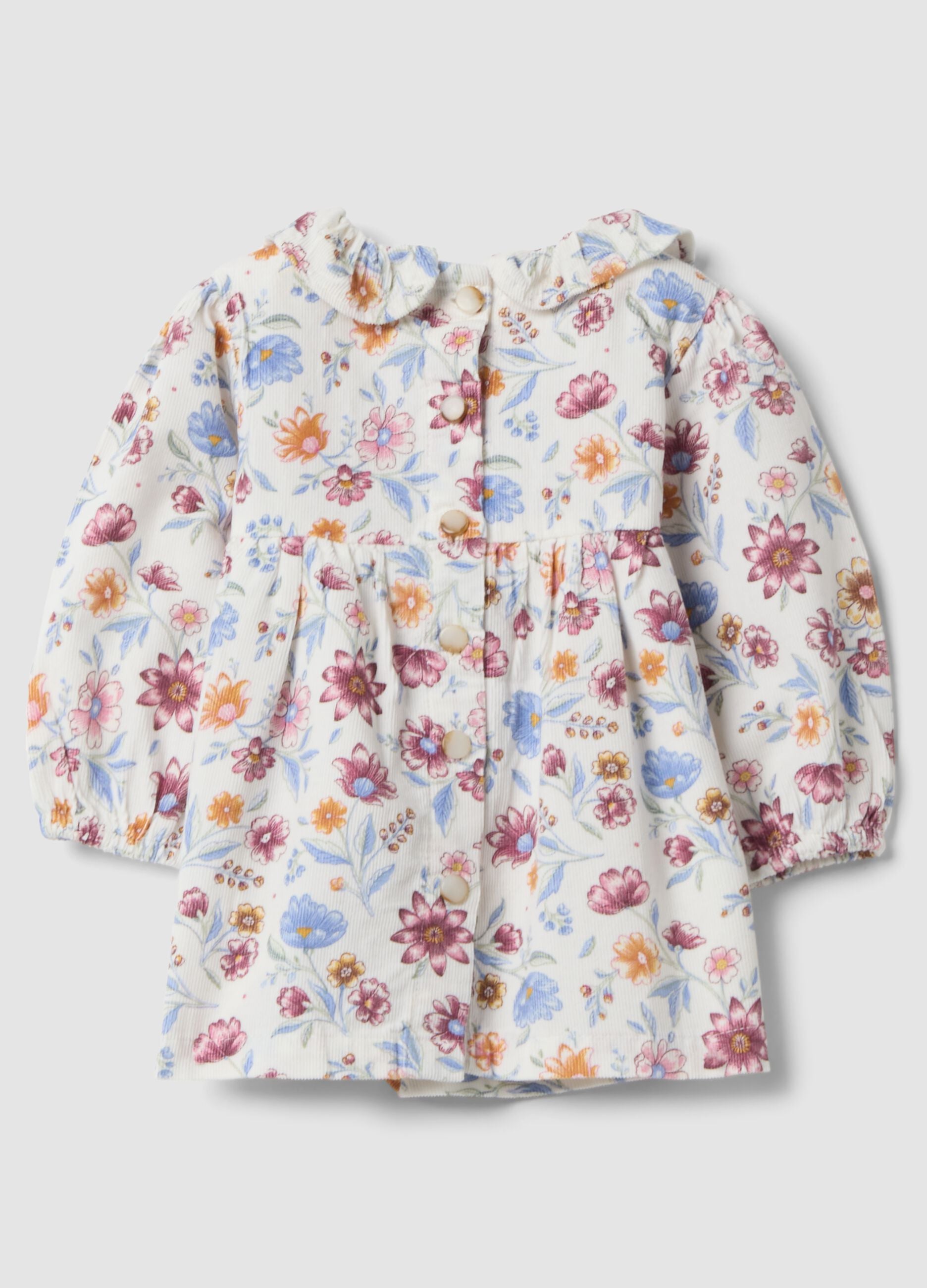 White crew-neck dress in pure organic cotton with floral print
