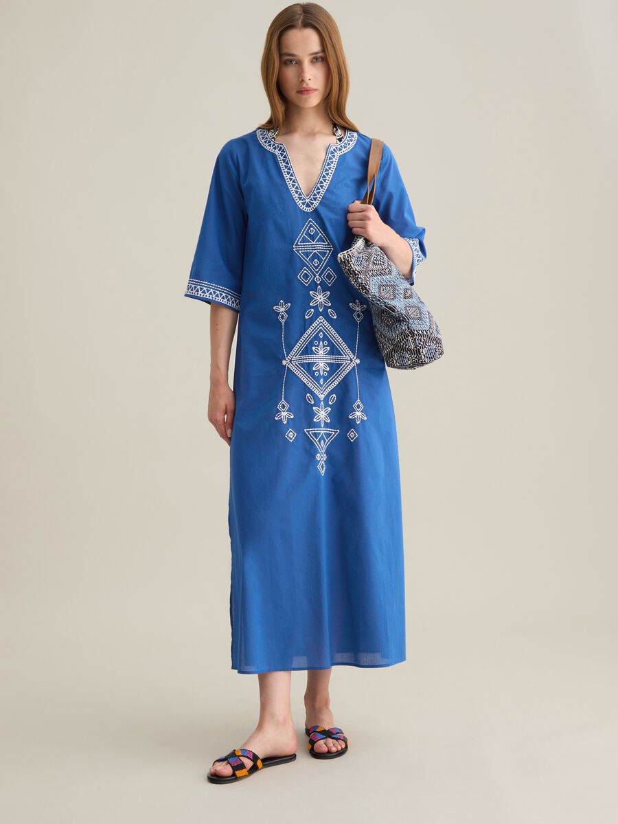 Women's Kaftan Dress in Pure Blue Cotton_0