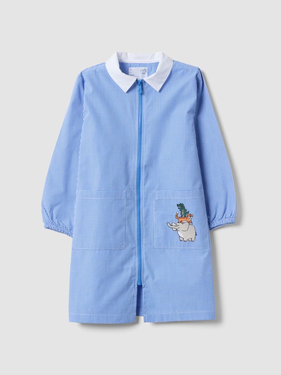 Blue gingham nursery apron with zip and animal embroidery_0