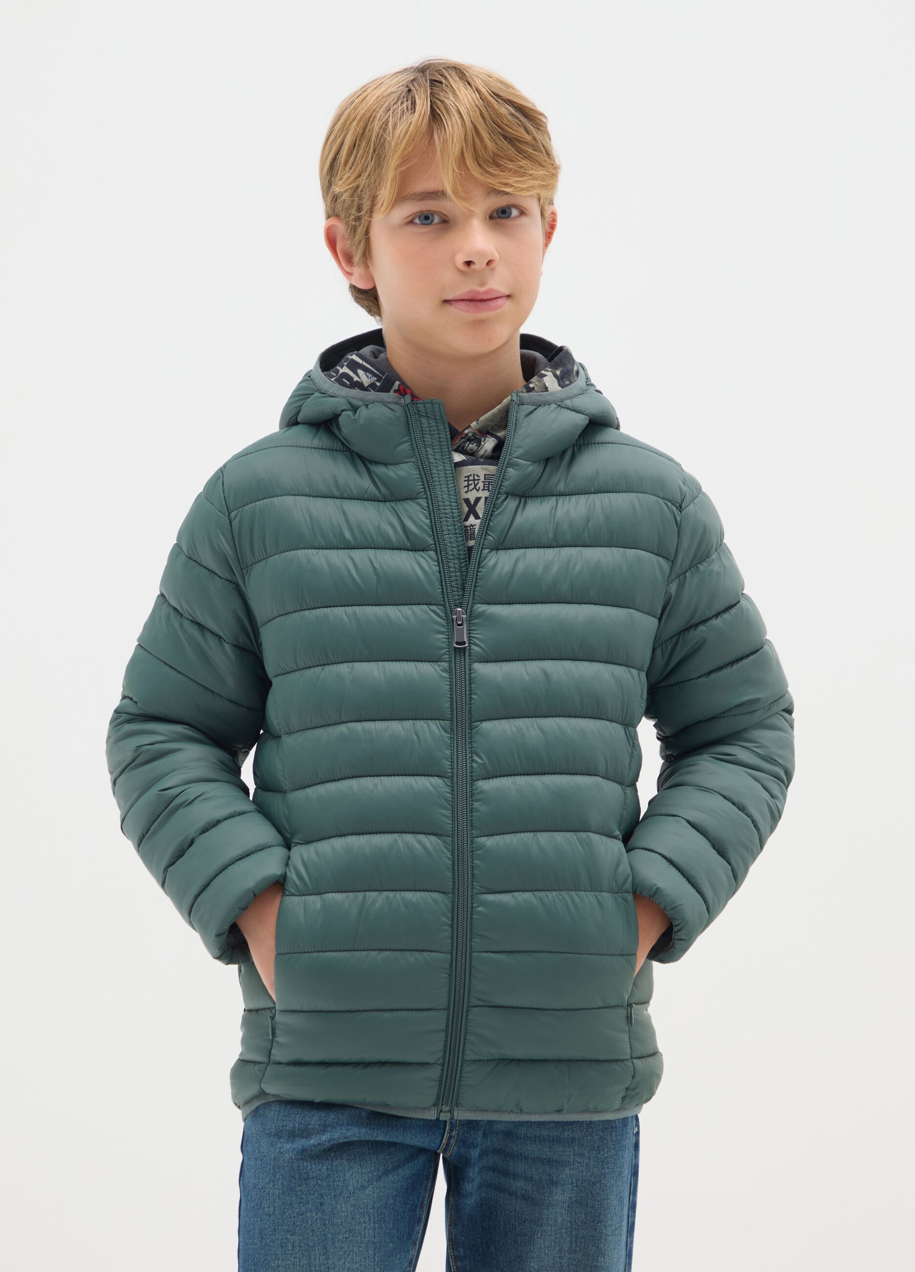Boys' green mixed fabric jacket, regular fit