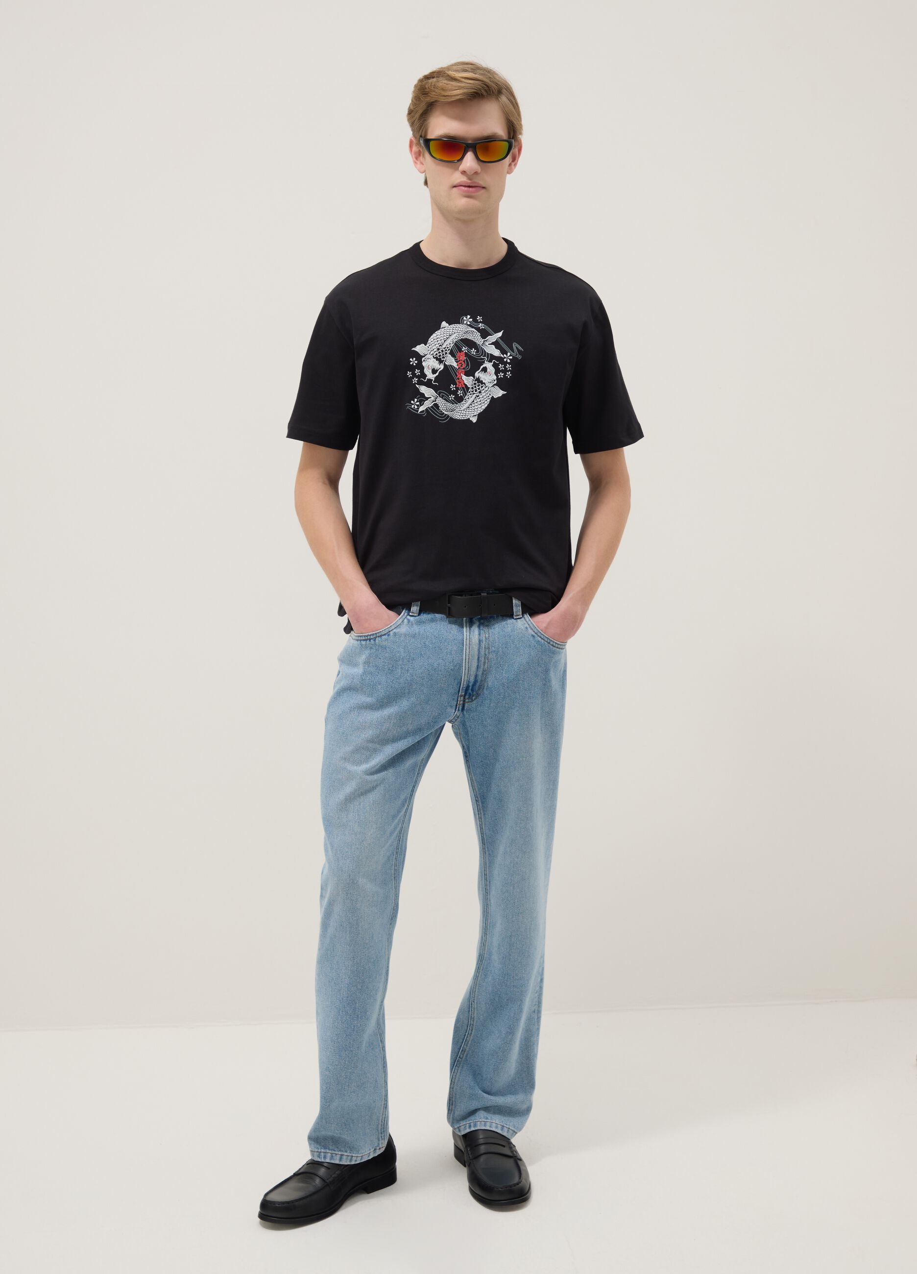 Black pure cotton regular fit T-shirt with Koi carp print