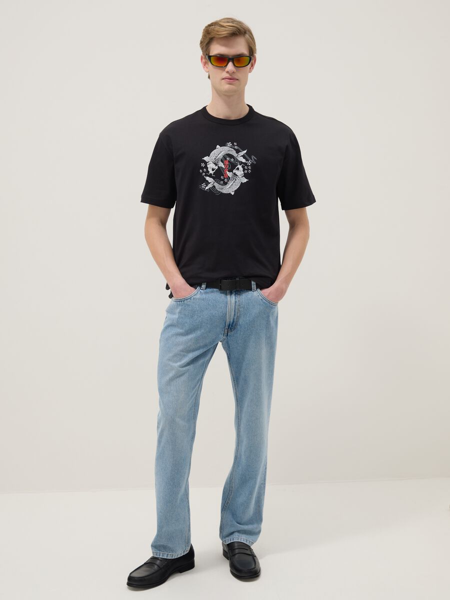 Black pure cotton regular fit T-shirt with Koi carp print_1