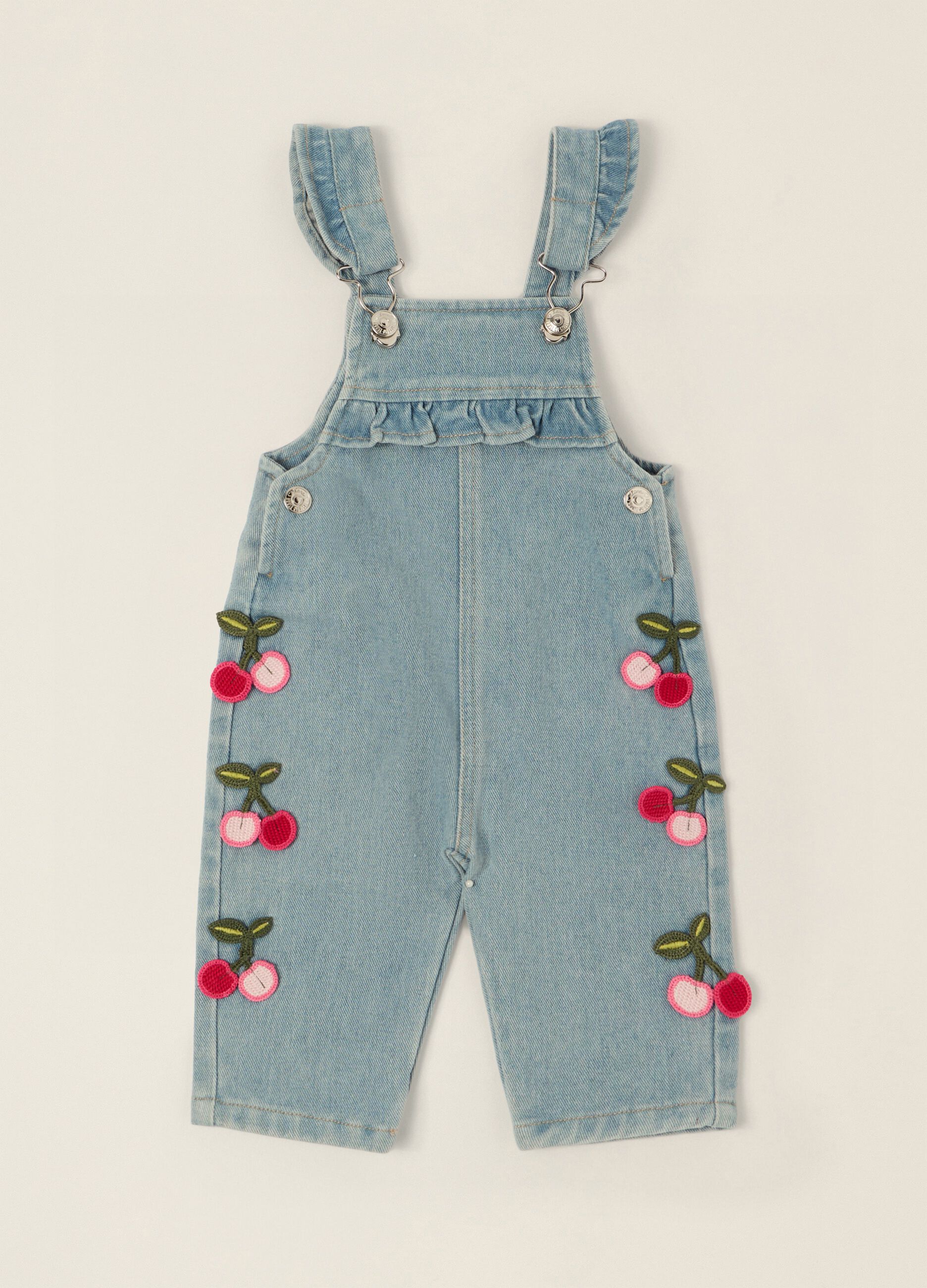 Baby Girls&rsquo; Denim Dungarees with Cherry Embroidery in Viscose Blend