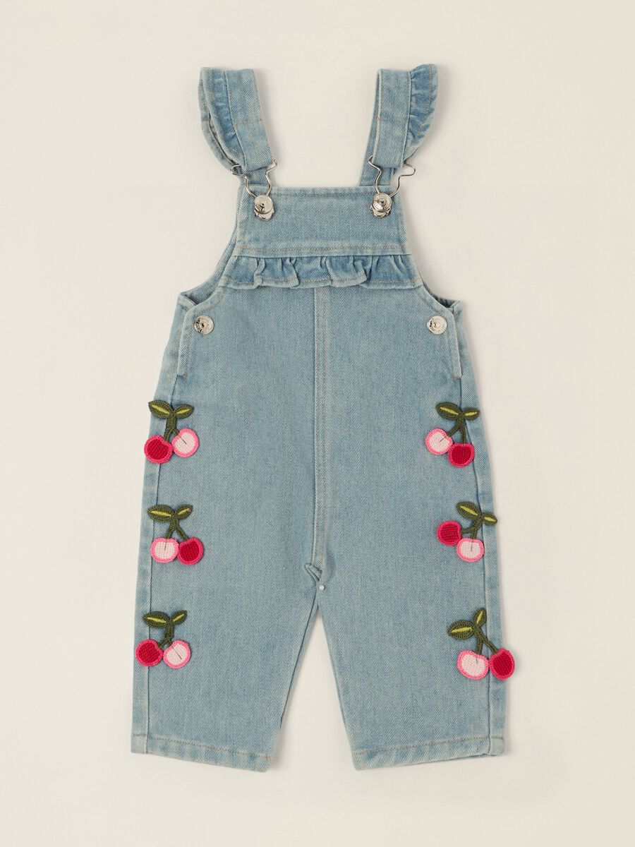 Baby Girls&rsquo; Denim Dungarees with Cherry Embroidery in Viscose Blend_0