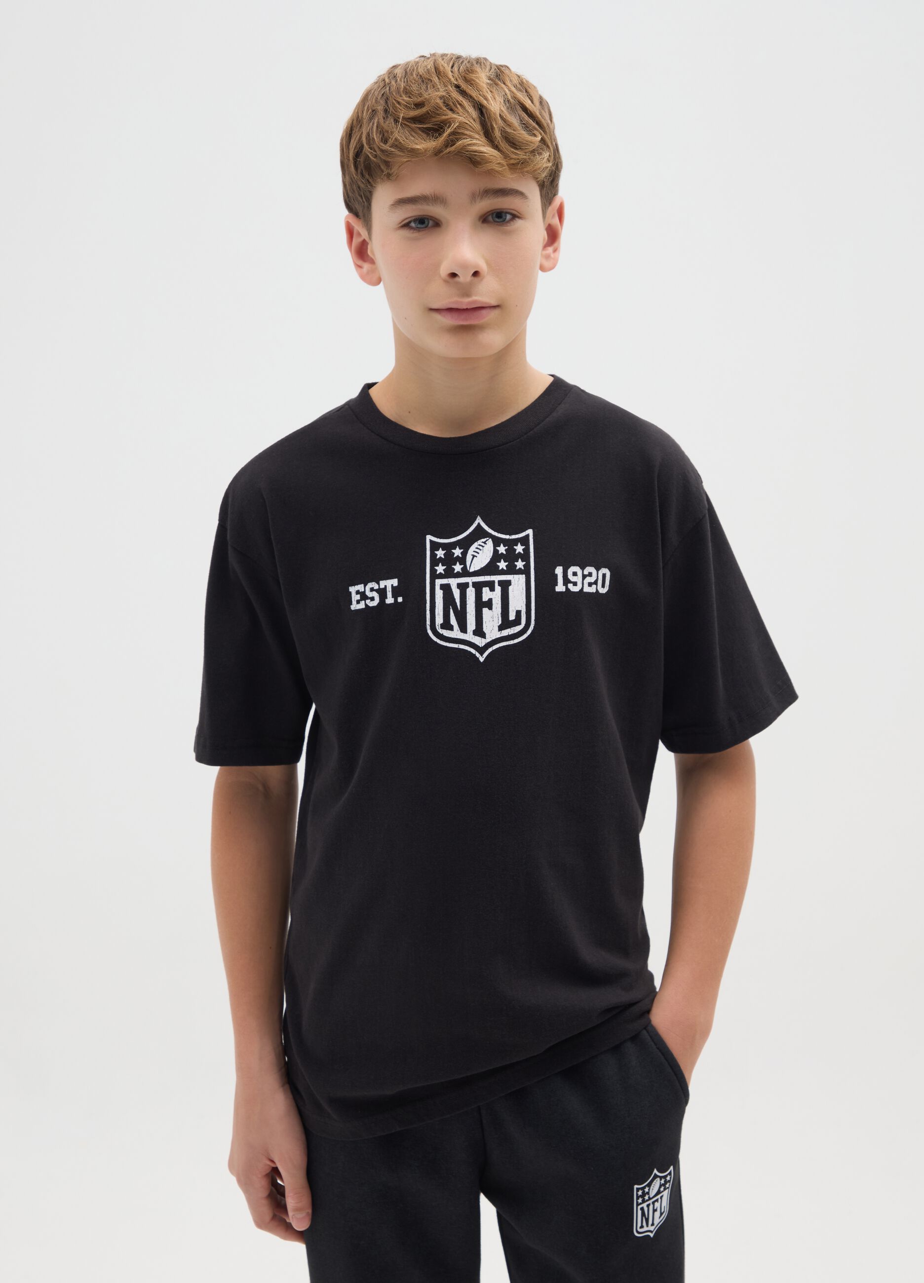 Children's black pure cotton oversized T-shirt with NFL logo