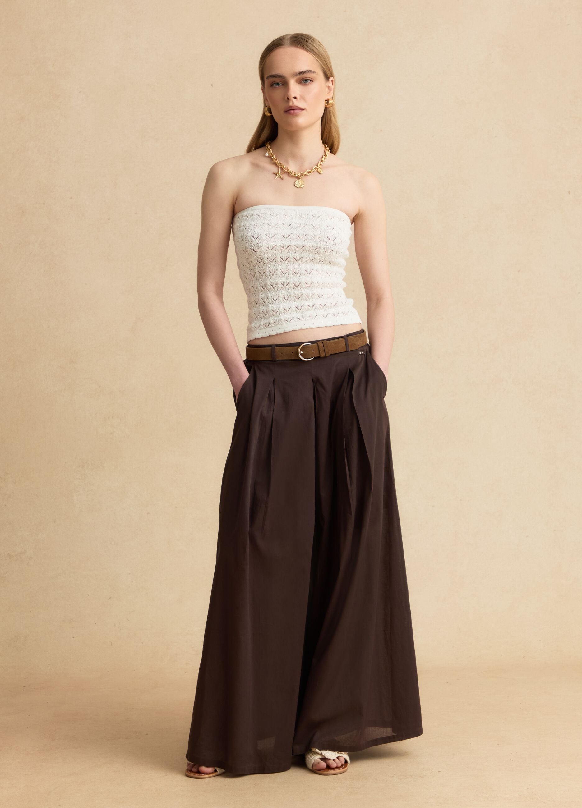 Pantaloni palazzo marroni in puro cotone