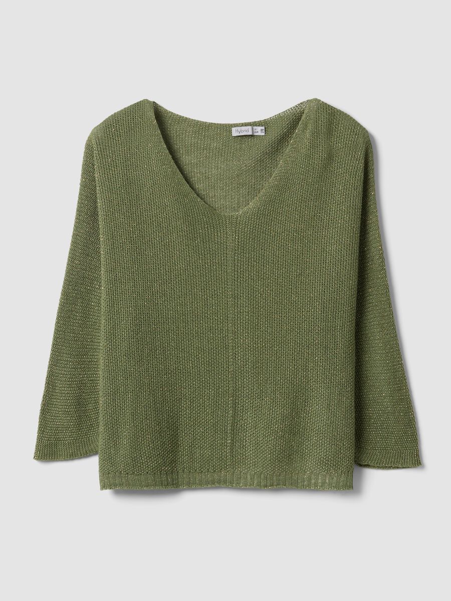 Maglia verde in misto viscosa e lino con scollo a V_4
