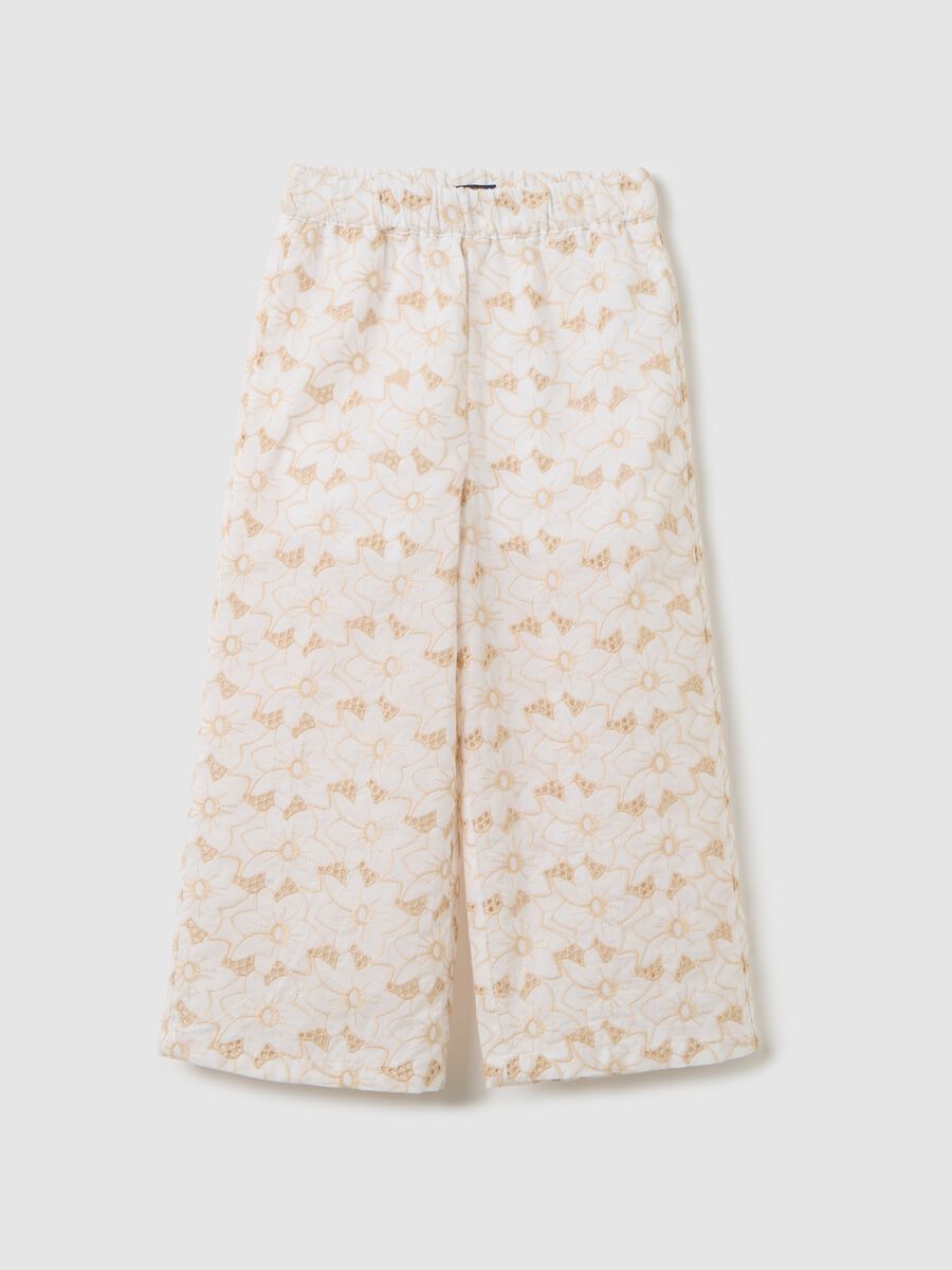 White wide-leg cotton trousers for OVS Kids with embroidered pattern_0