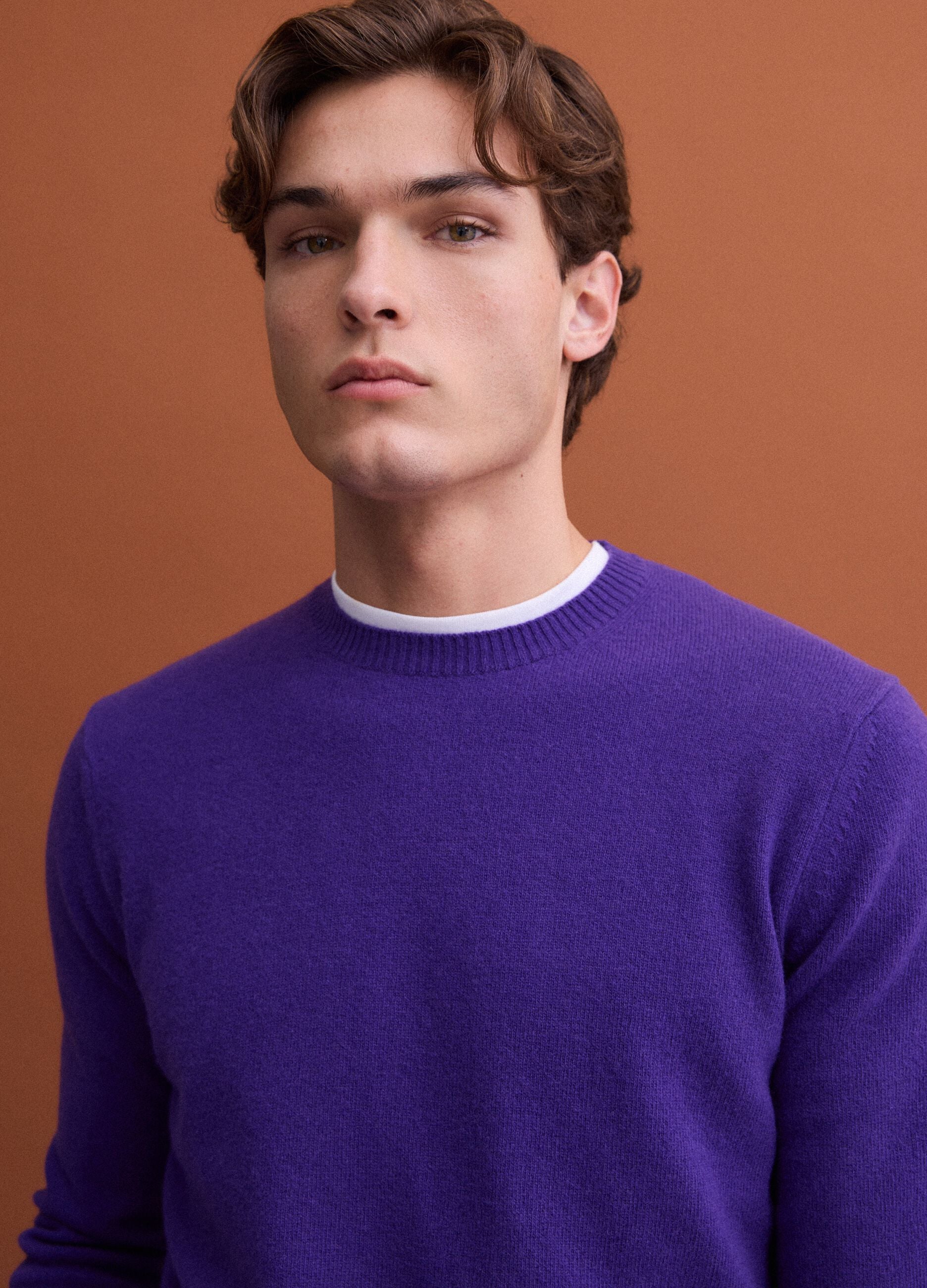 Purple pure wool crew-neck jumper, regular fit