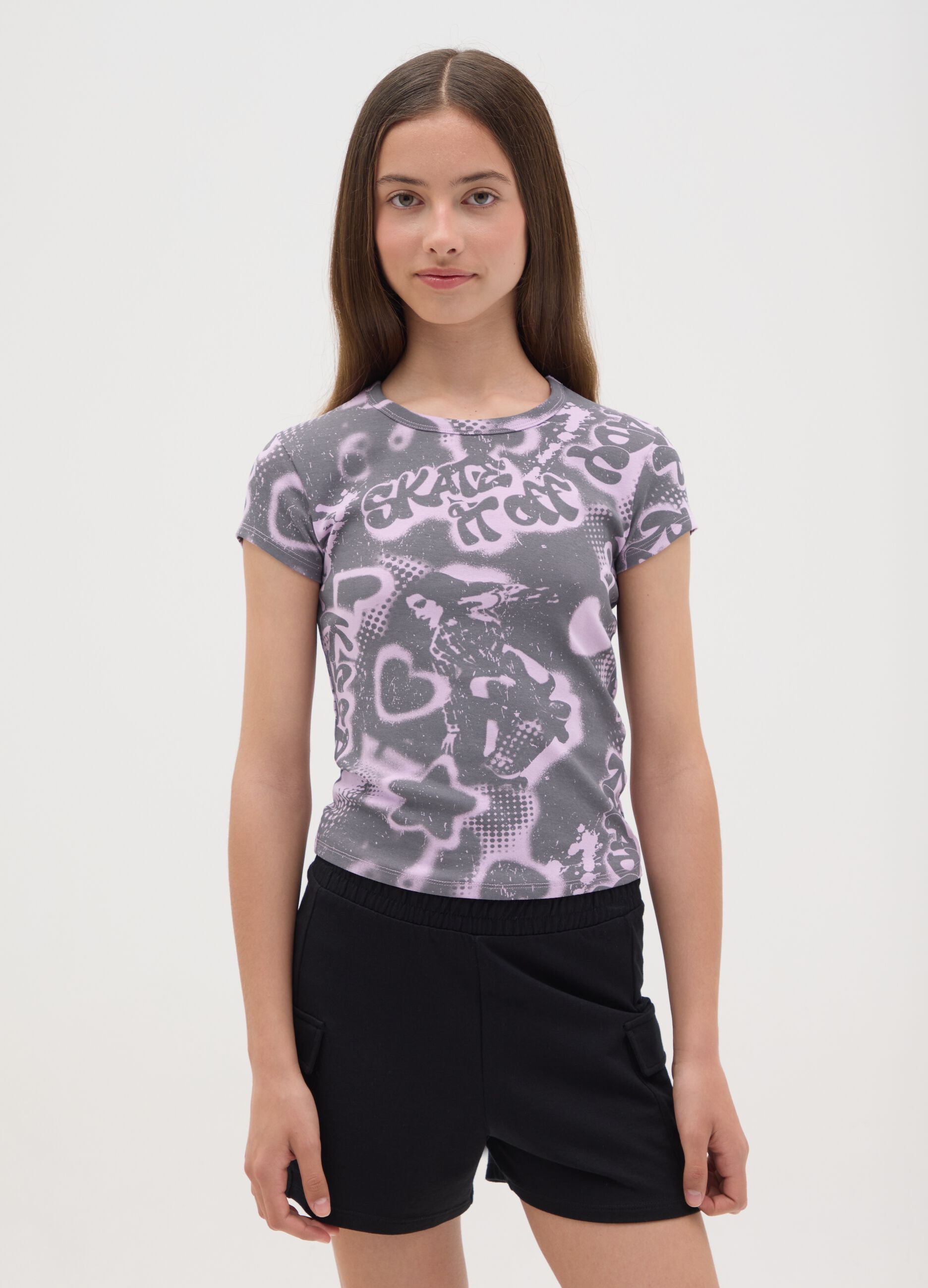 Stretch cotton T-shirt with graffiti print
