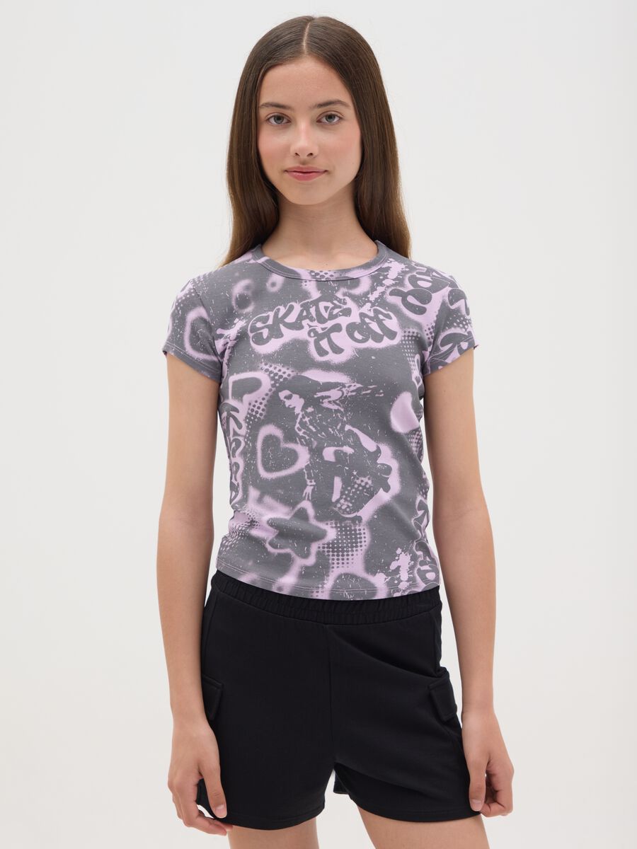 Stretch cotton T-shirt with graffiti print_0