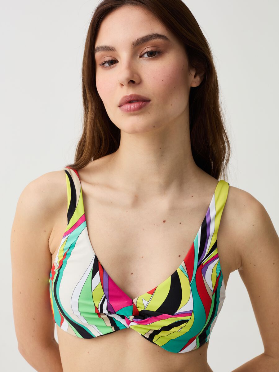 Bikini top with multicoloured patterned tie_0