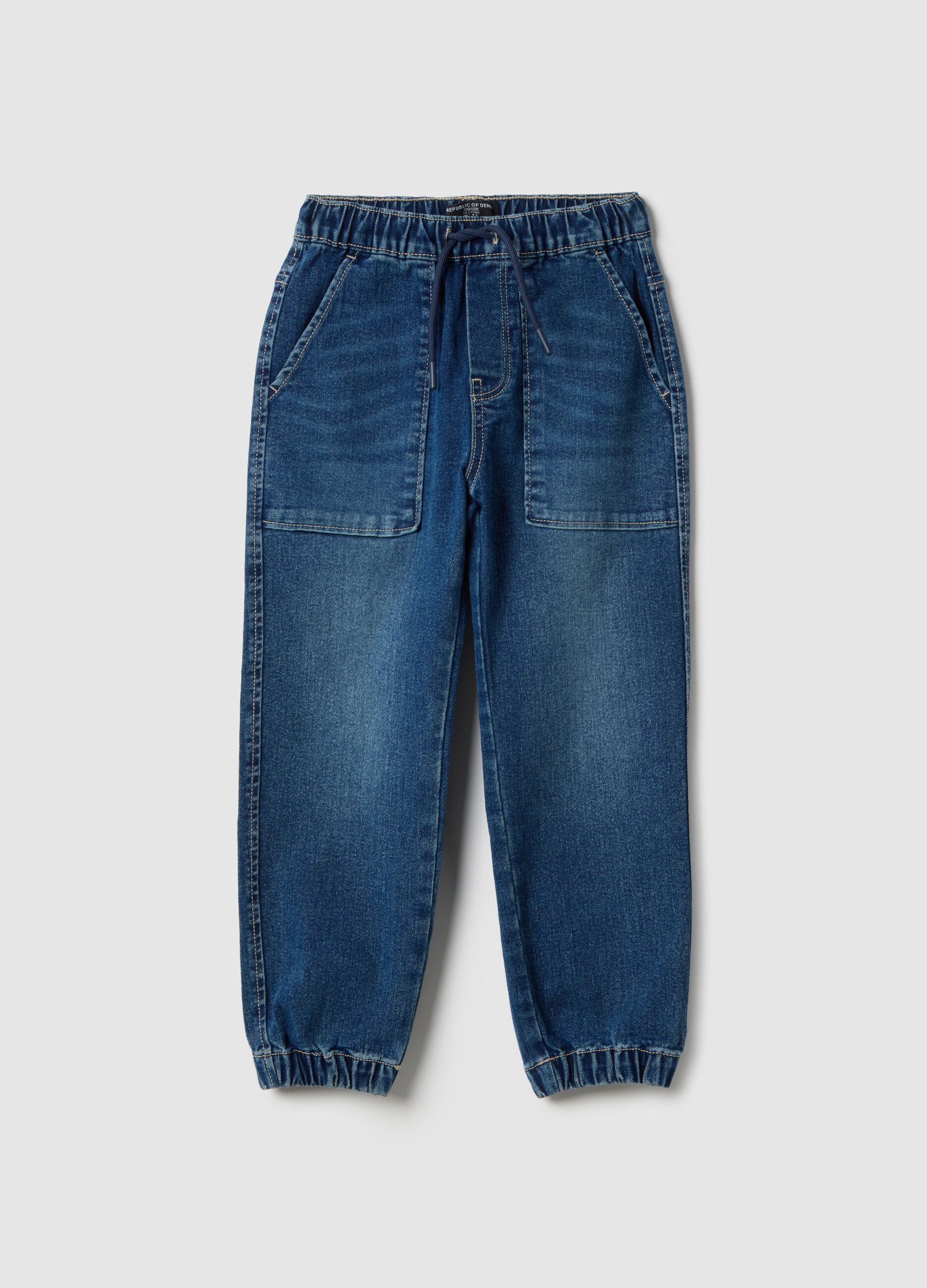 Blue cotton blend relaxed fit jogger jeans for children