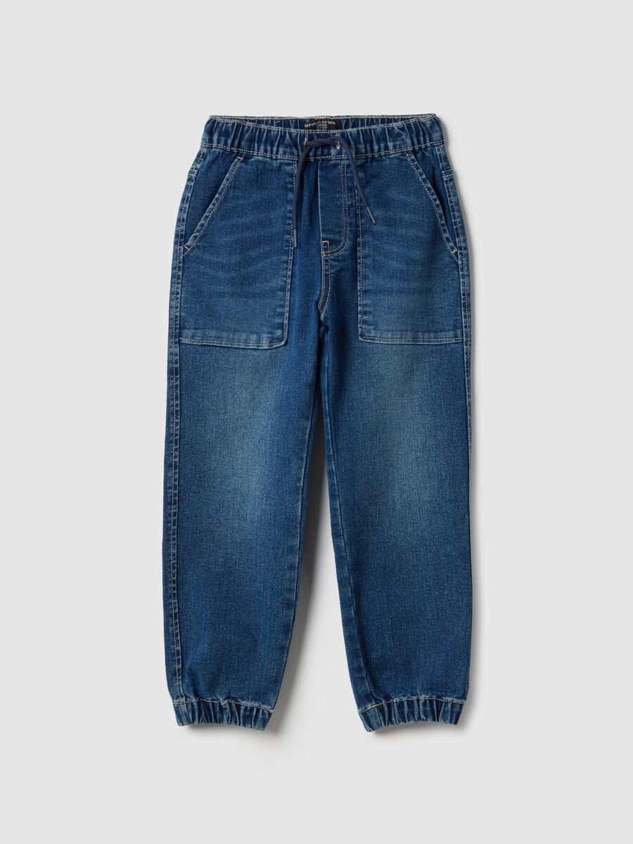 Blue cotton blend relaxed fit jogger jeans for children_0