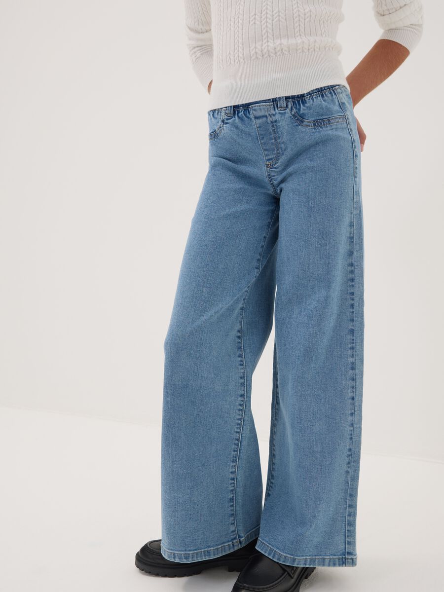 Girls&rsquo; super wide-leg cotton and stretch viscose denim jeggings_2