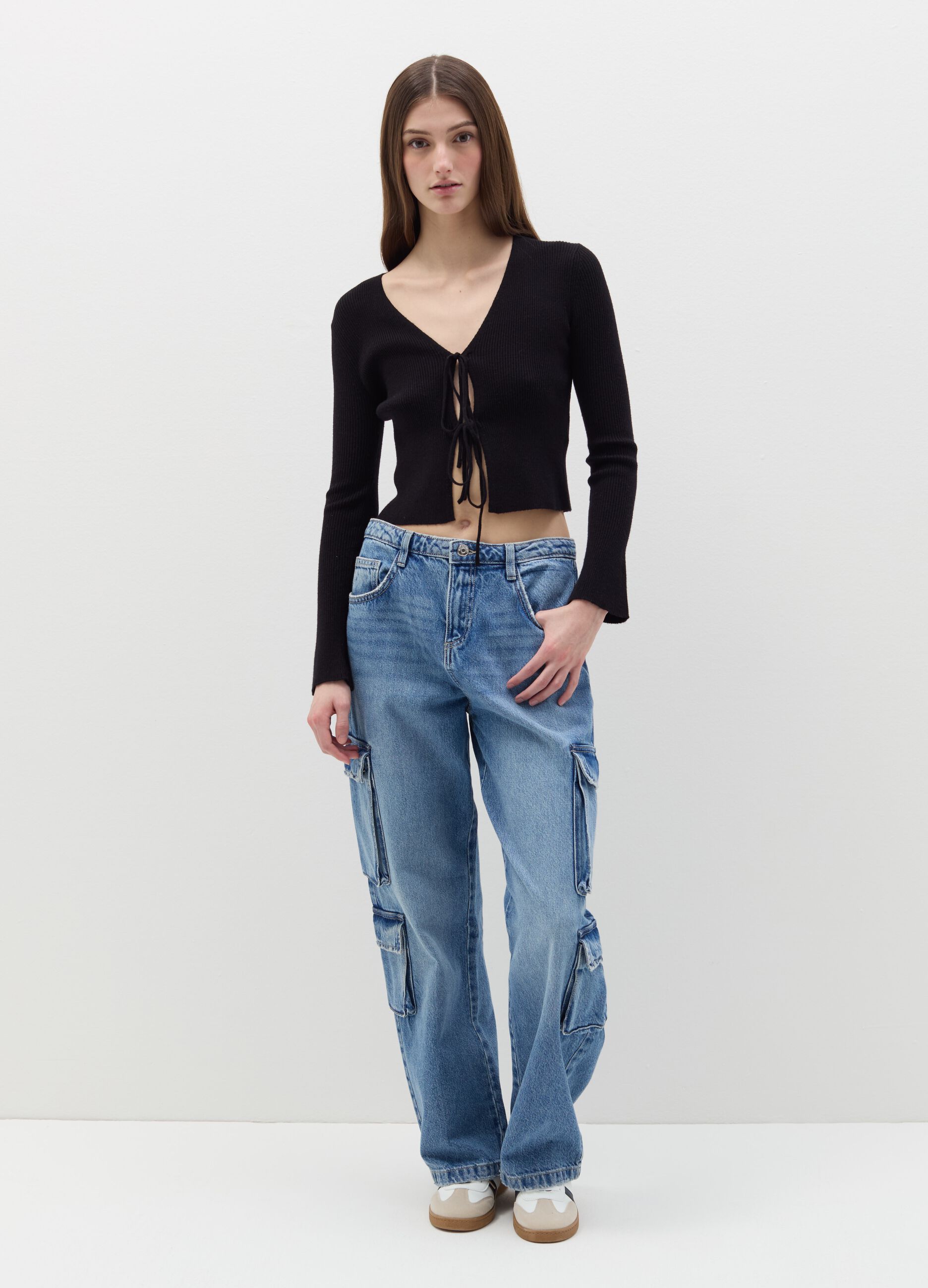 Acid wash cargo jeans with multiple pockets
