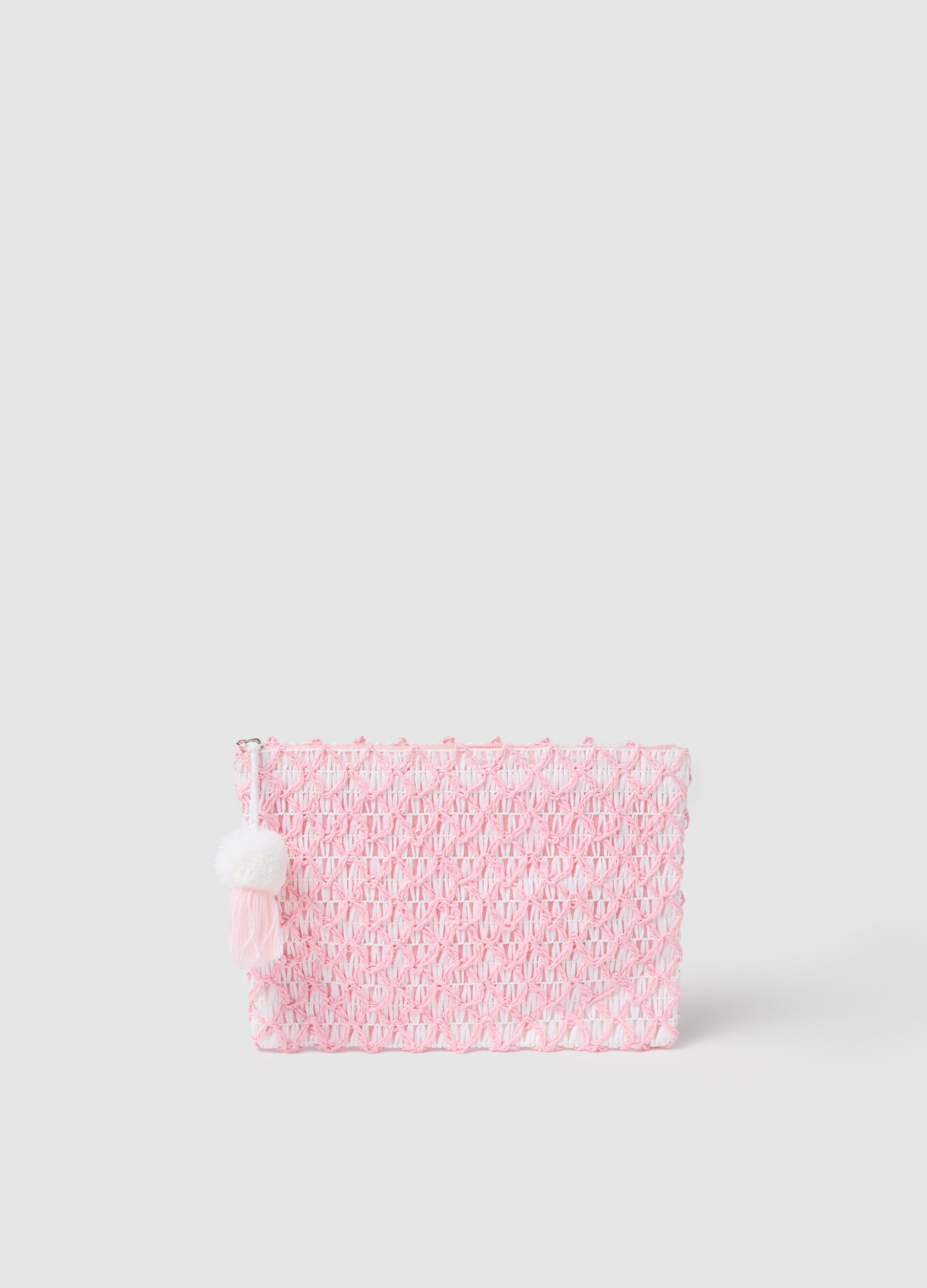Pink and White Raffia Clutch