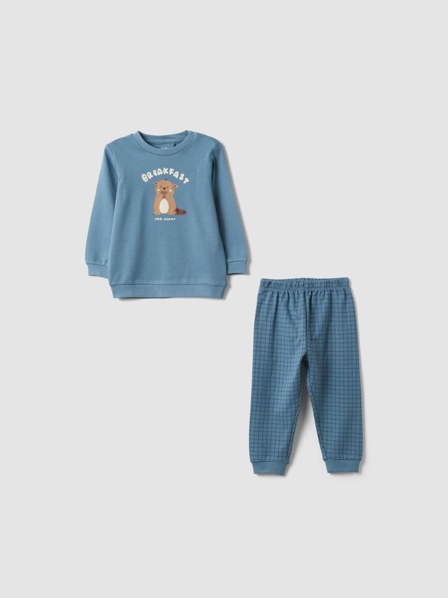 Pigiama blu in puro cotone organico con girocollo e stampa animaletto_0