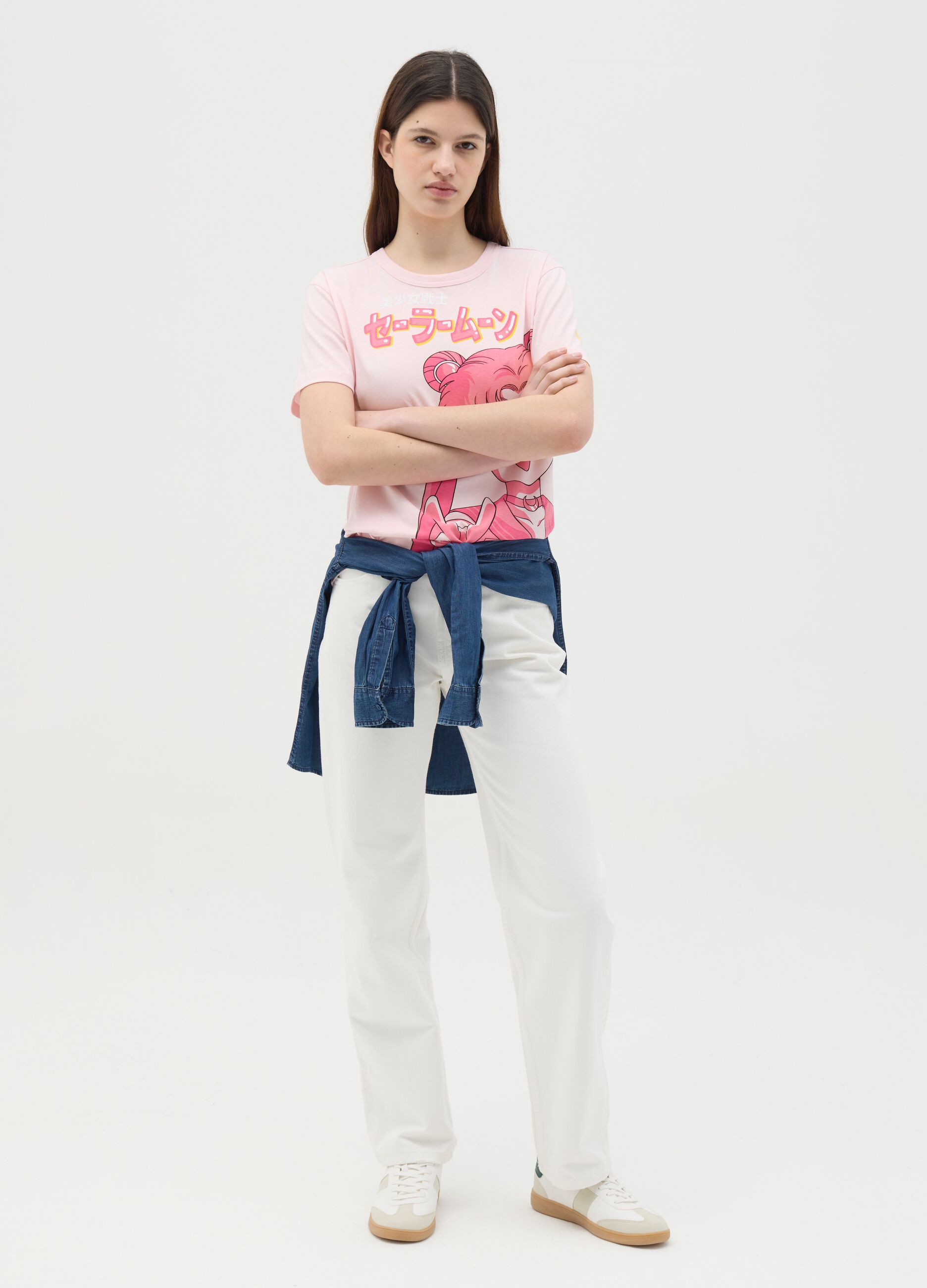 T-shirt rosa in cotone con stampa Sailor Moon