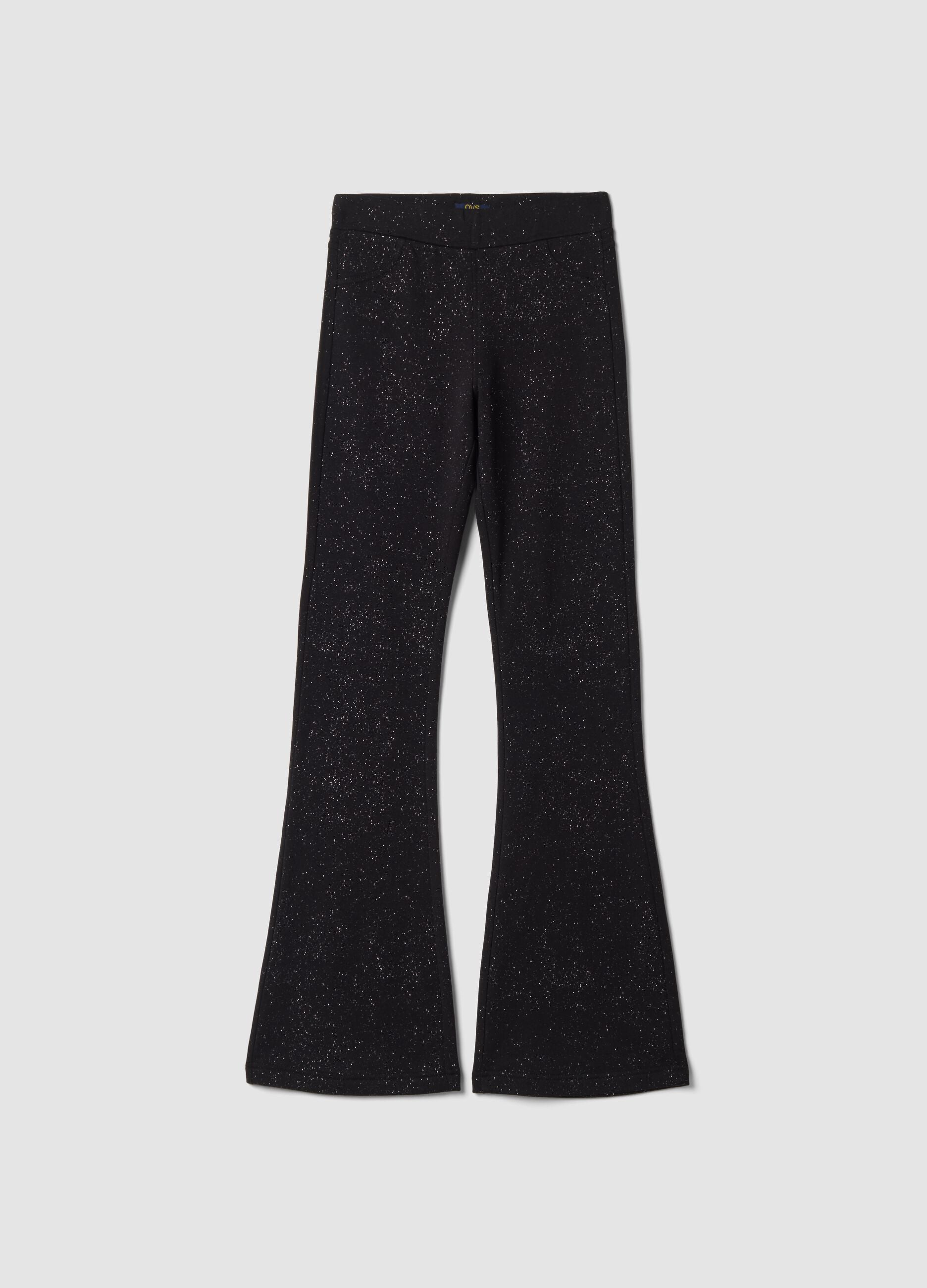 Pantaloni flare neri in cotone elasticizzato con stampa glitterata