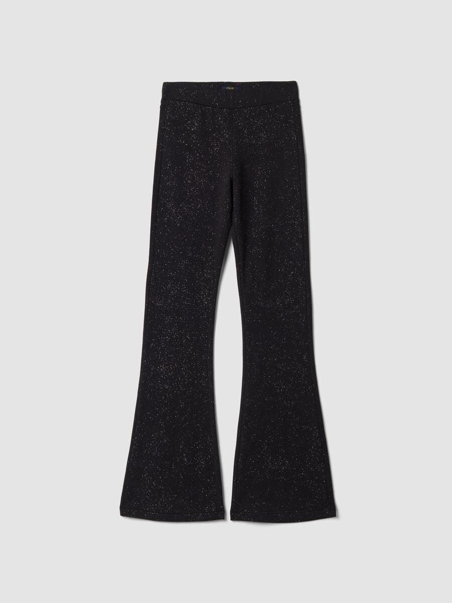 Pantaloni flare neri in cotone elasticizzato con stampa glitterata_0