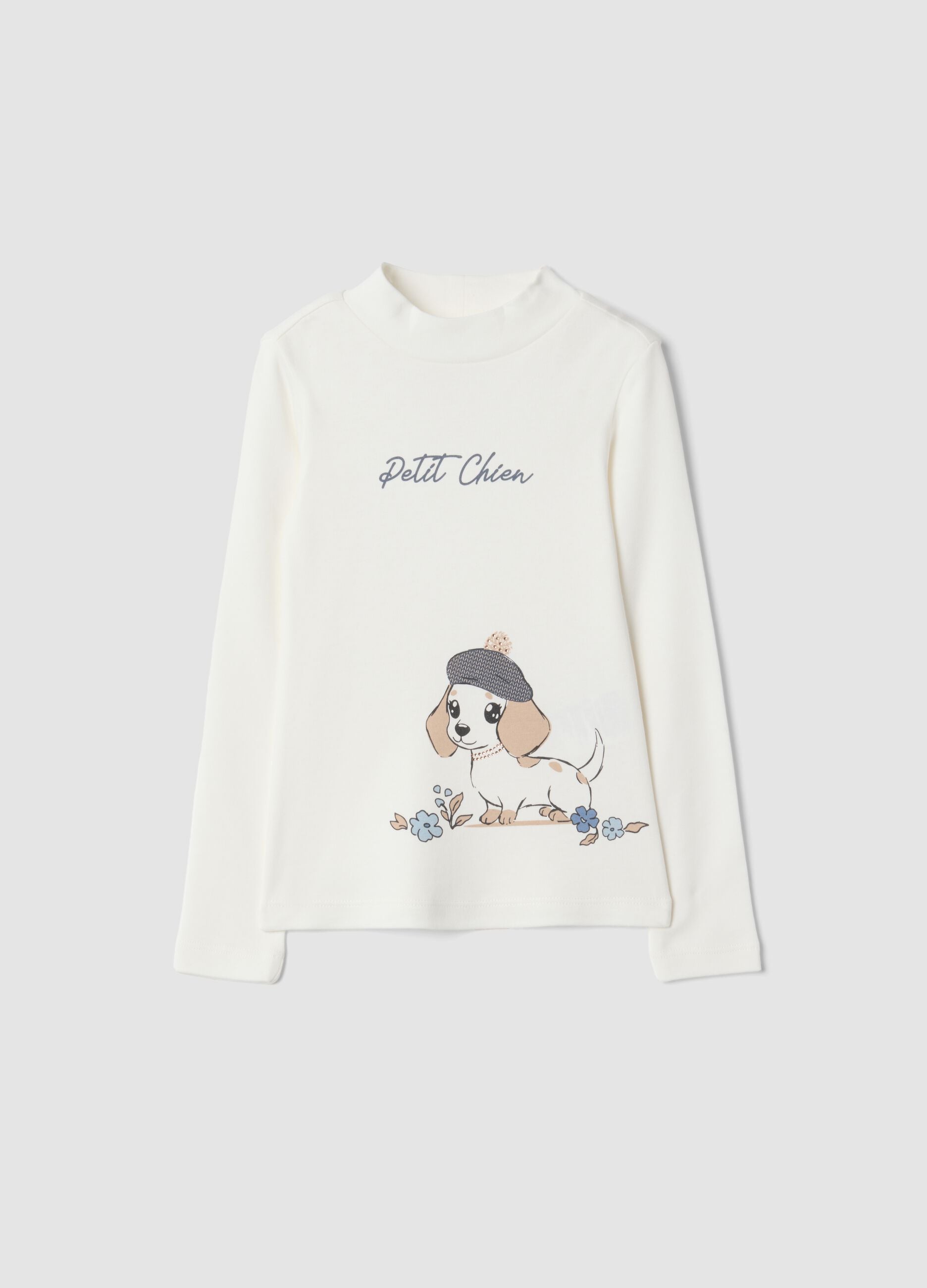 T-shirt bianca con collo rialzato in puro cotone organico con stampa