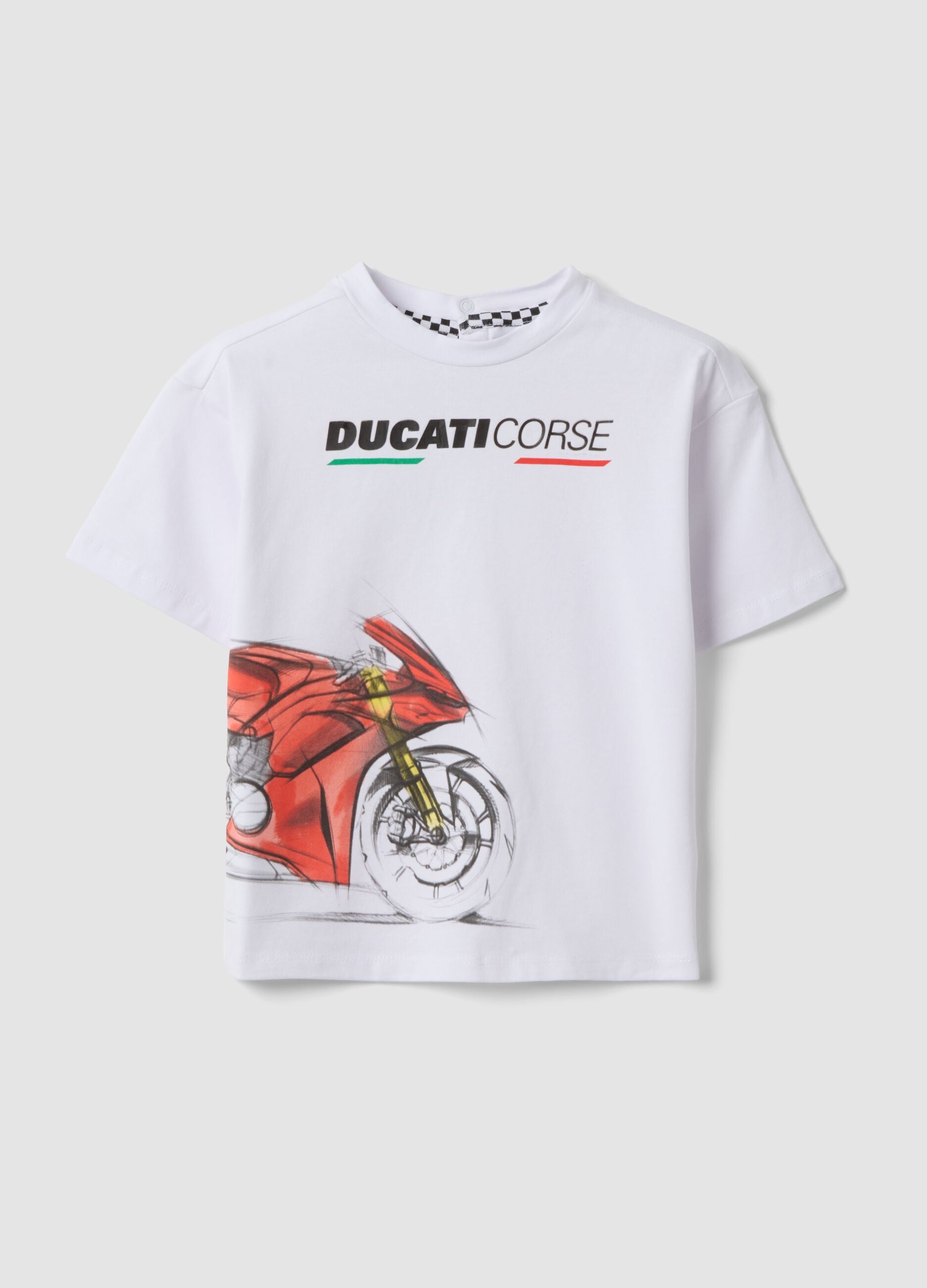 White stretch cotton T-shirt with Ducati print for boys, regular fit