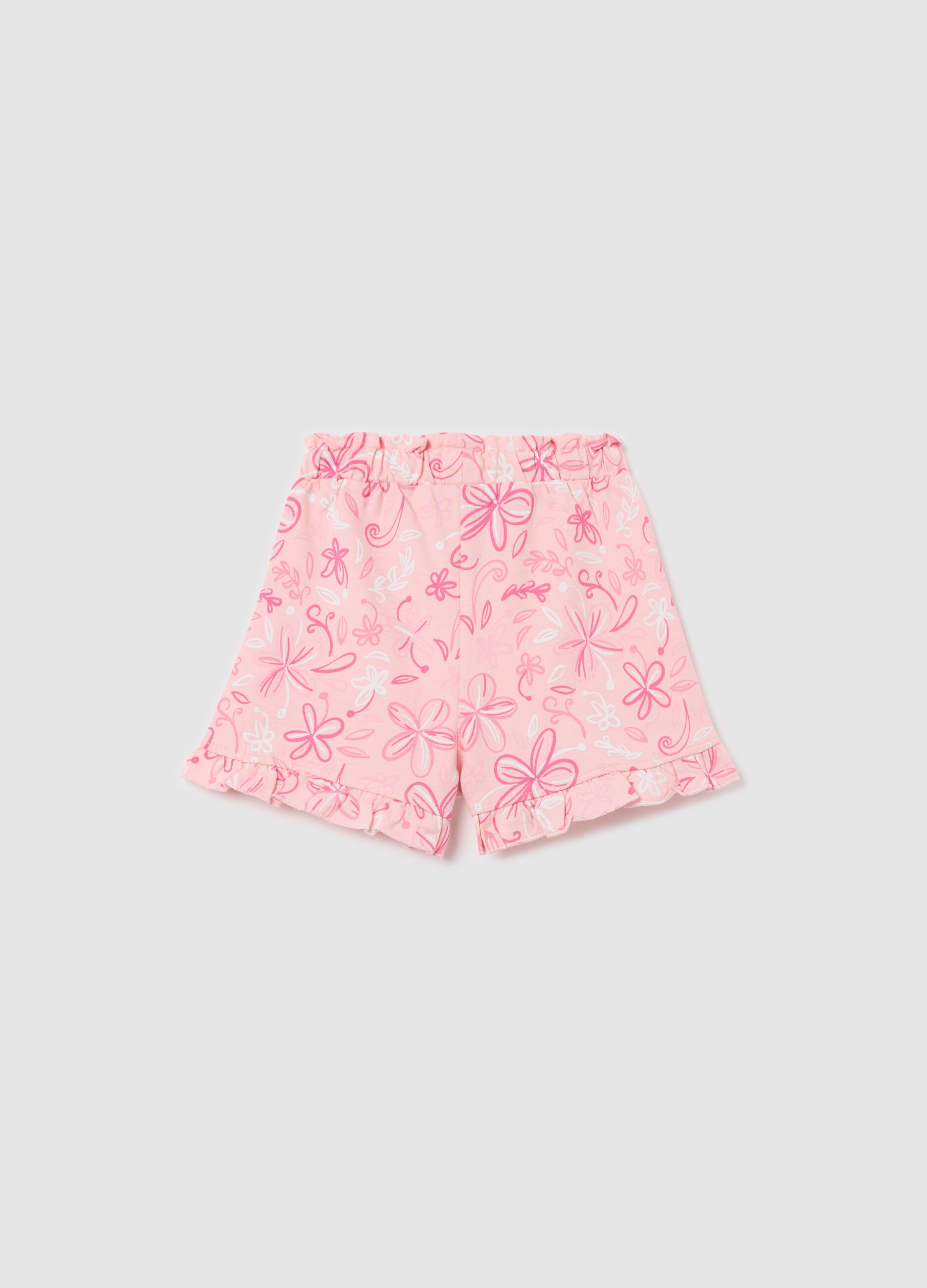 Pink French terry shorts with drawstring and print