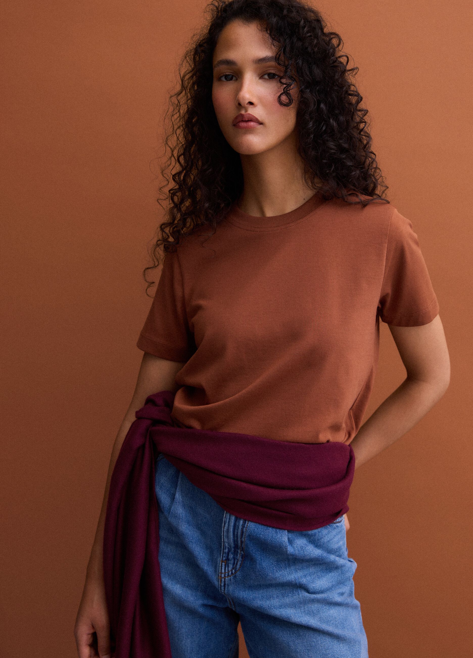 Brown Supima cotton crew-neck T-shirt, regular fit