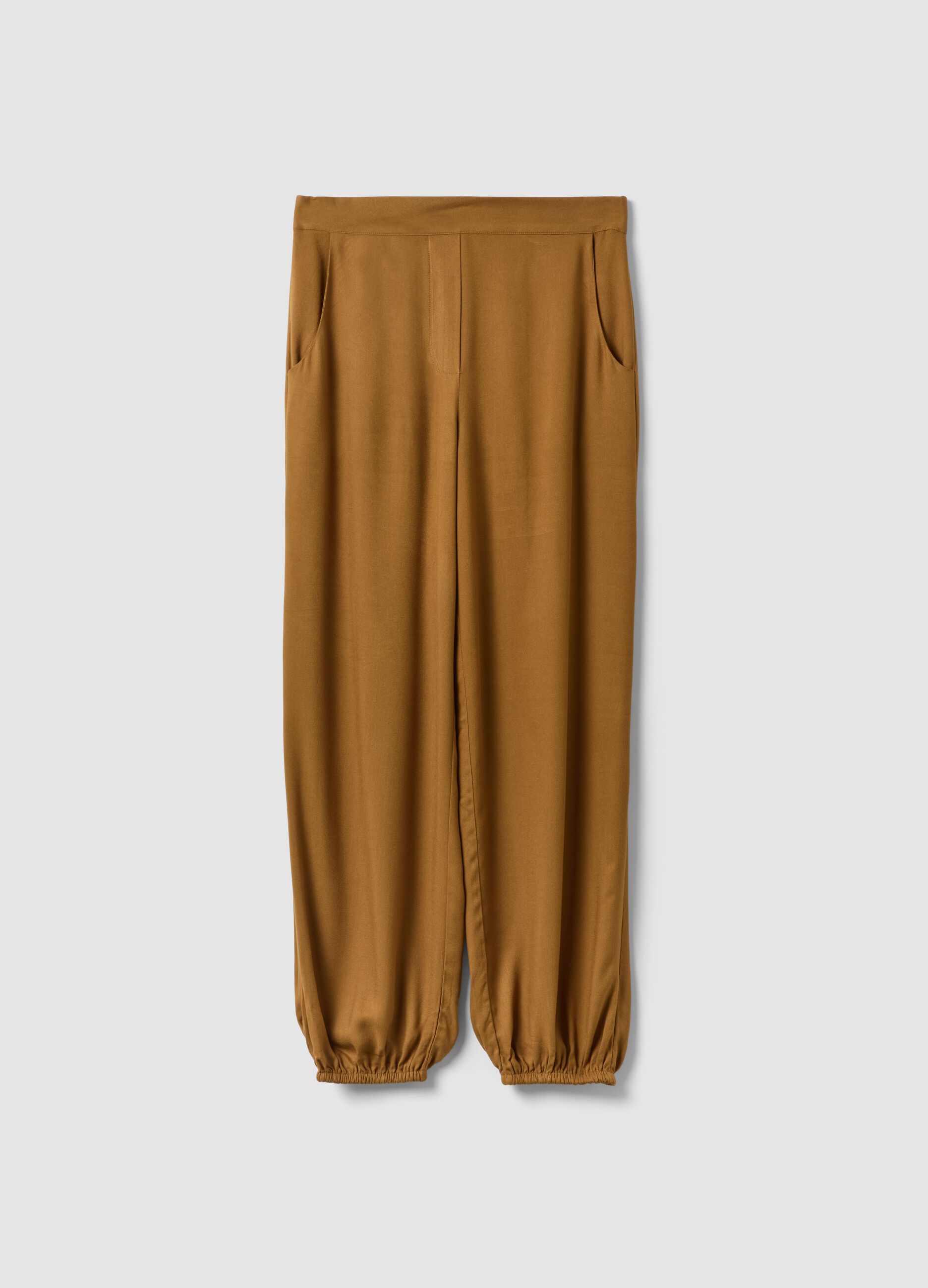 Brown pure viscose trousers with elasticated cuffs, regular fit
